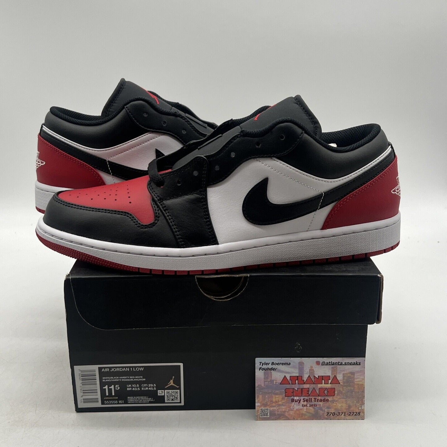 Size 11.5 - Air Jordan 1 Low Bred Toe 2.0 Black White Red Leather (553558-161)