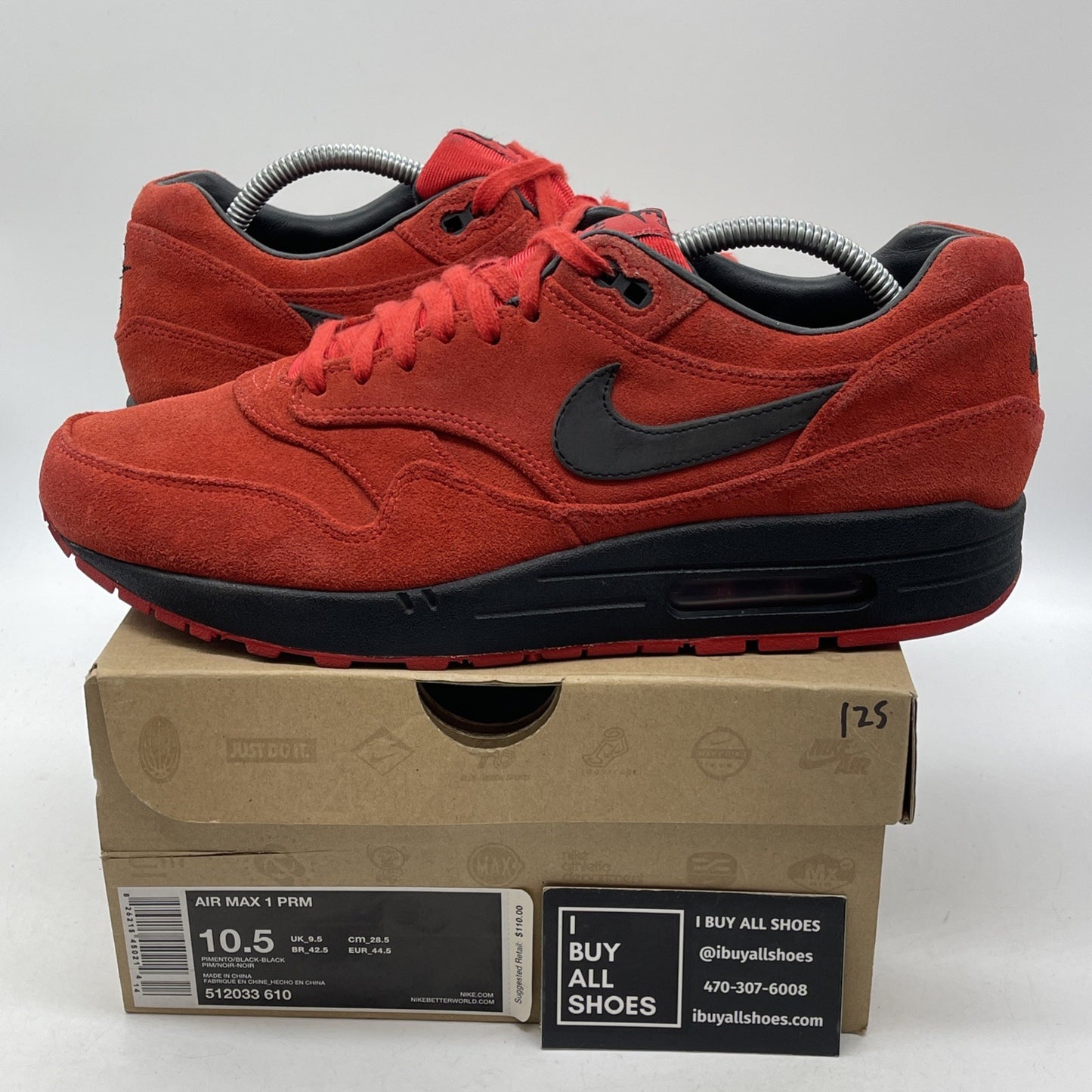 Size 10.5 - Nike Air Max 1 Prm Pimento Black Red Suede (512033-610)