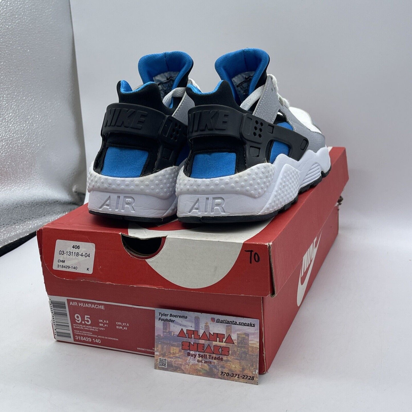 Size 9.5 - Nike Air Huarache Blue Hero Black Grey White Suede (318429-140)