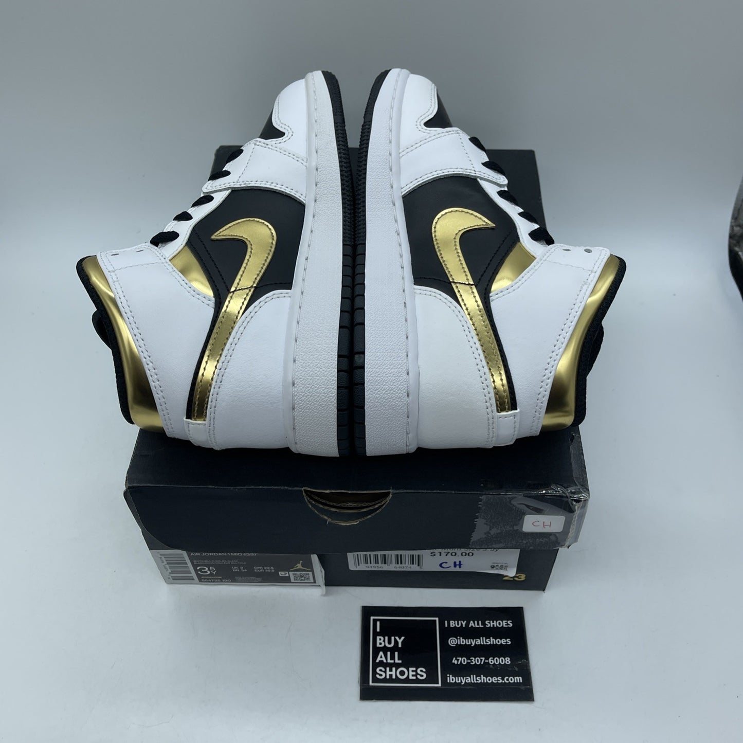 Size 3.5Y - Nike Air Jordan 1 Mid White Gold Black Leather (GS) (554725-190)