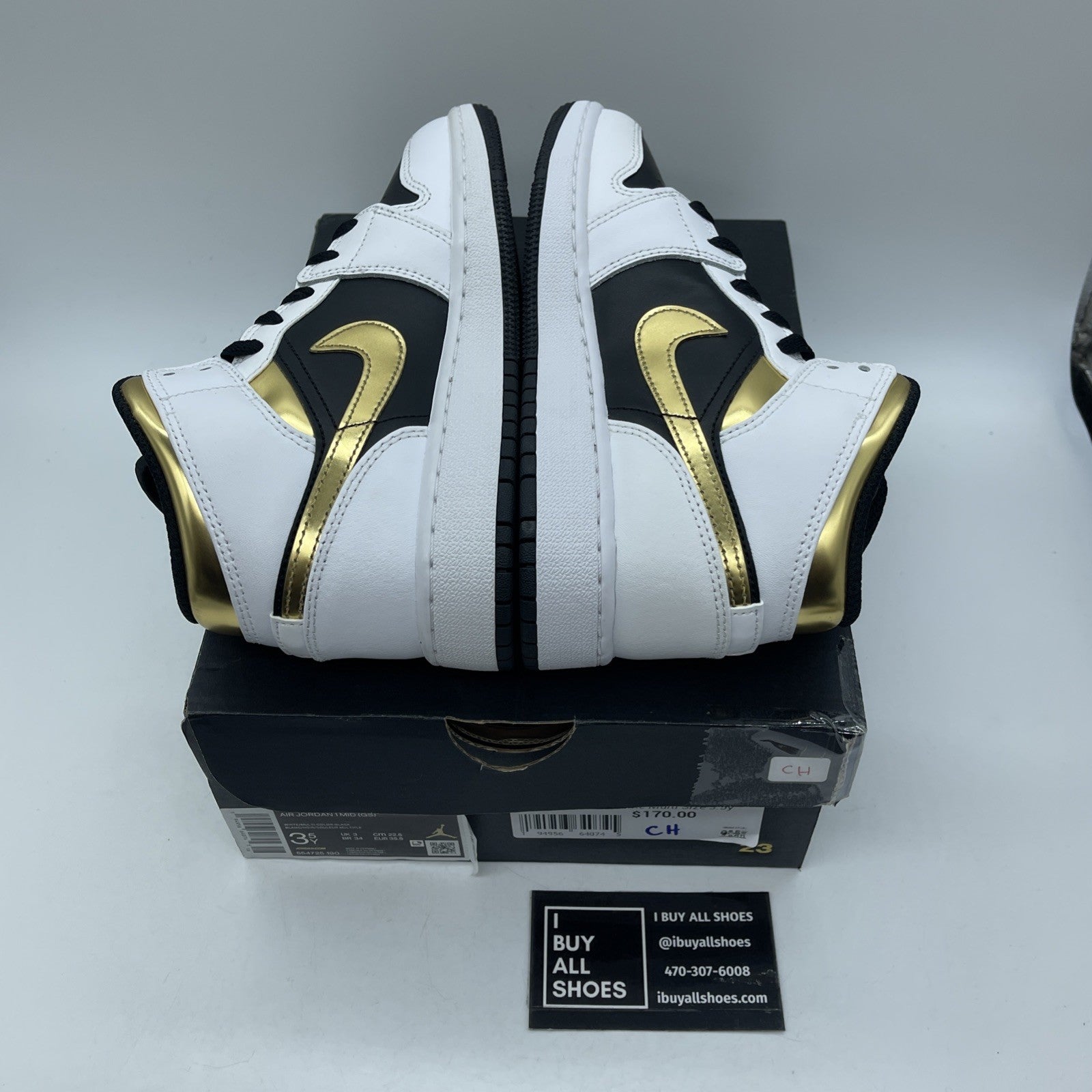 Size 3.5Y - Nike Air Jordan 1 Mid White Gold Black Leather (GS) (554725-190)