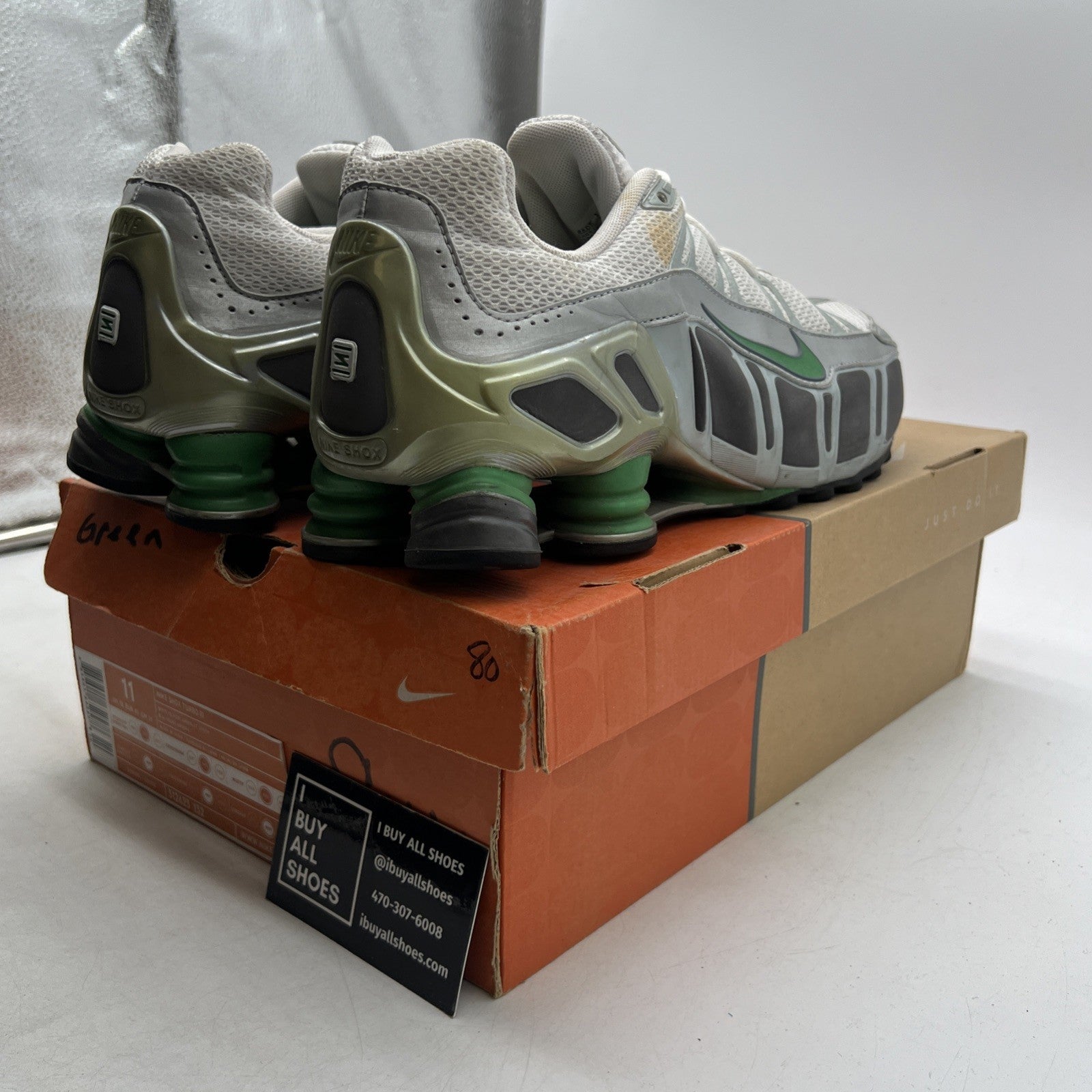 Size 11 - Nike Shox Gray Green Running Training Shoes (312623-132)