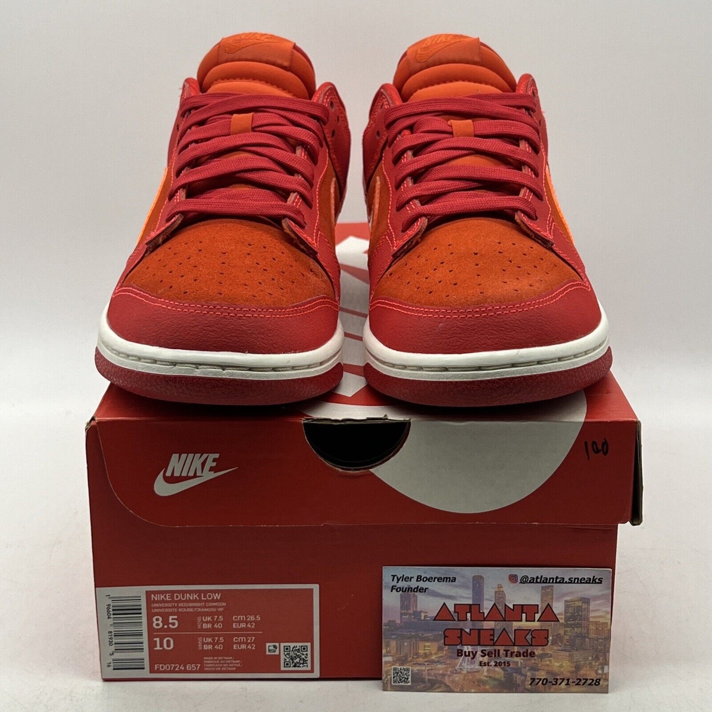 Size 8.5 - Nike Dunk Low ATL - Red Orange Suede White (FD0724-657)