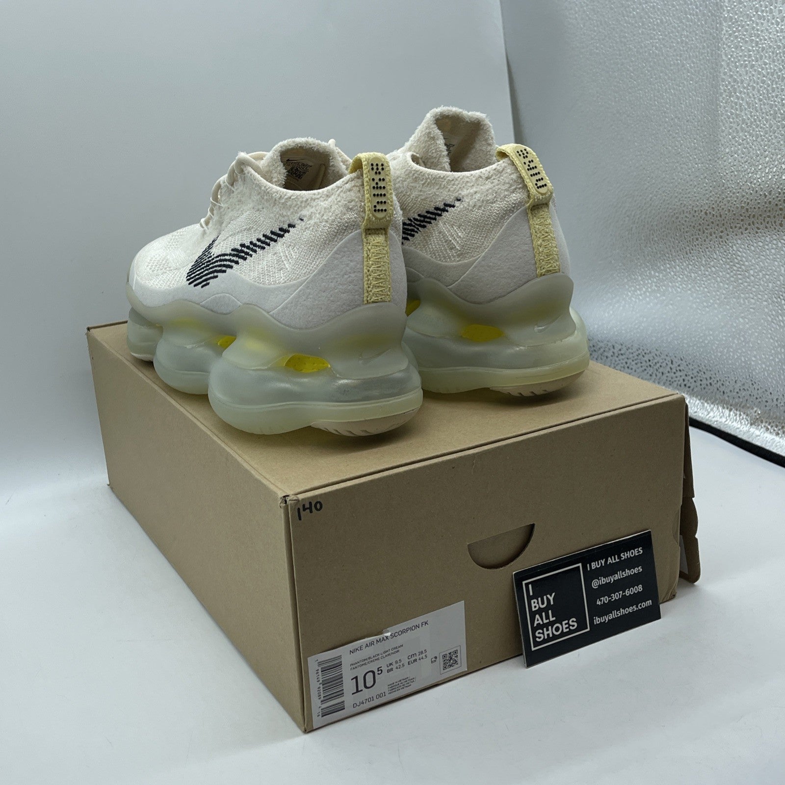 Size 10.5 - Nike Air Max Scorpion Flyknit Lemon Wash Black Suede (DJ4701-001)