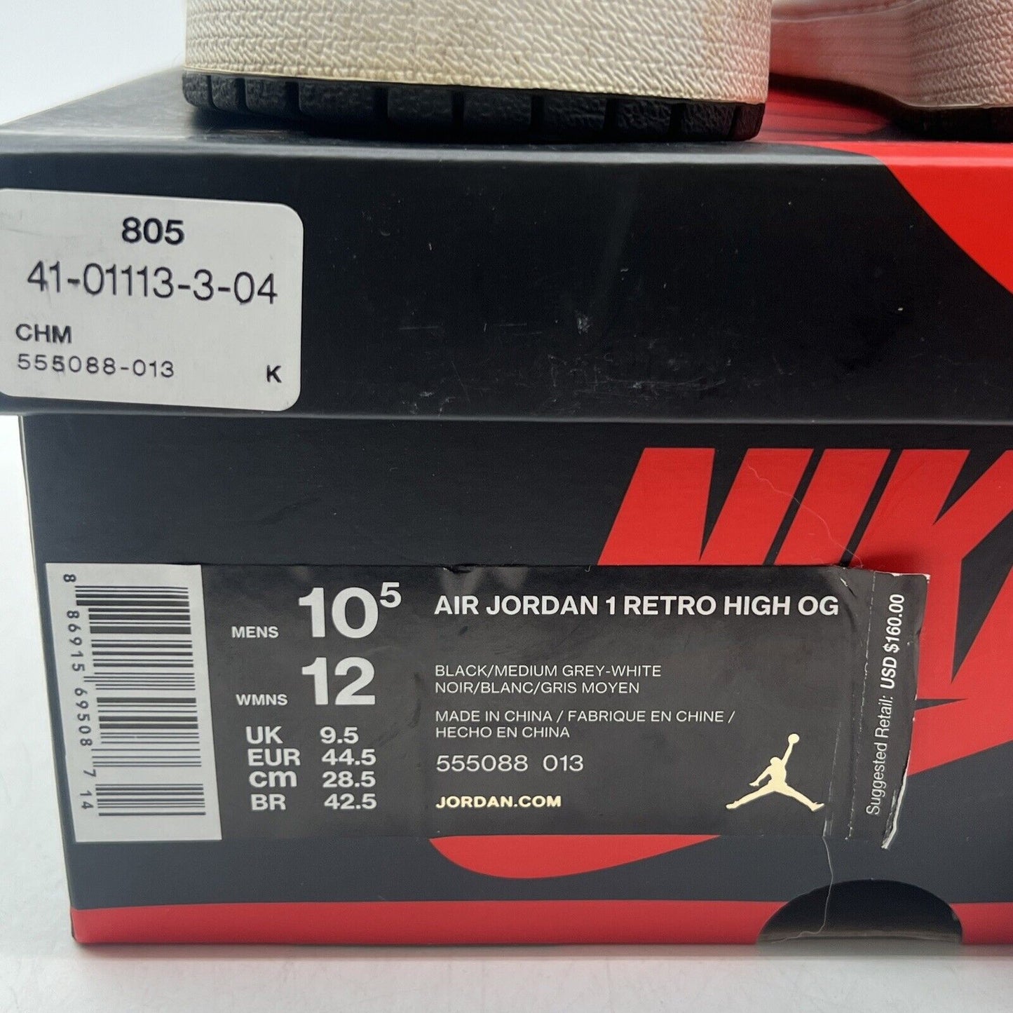 Size 10.5 - Jordan 1 Retro OG High Shadow Black Grey White Leather (555088-013)