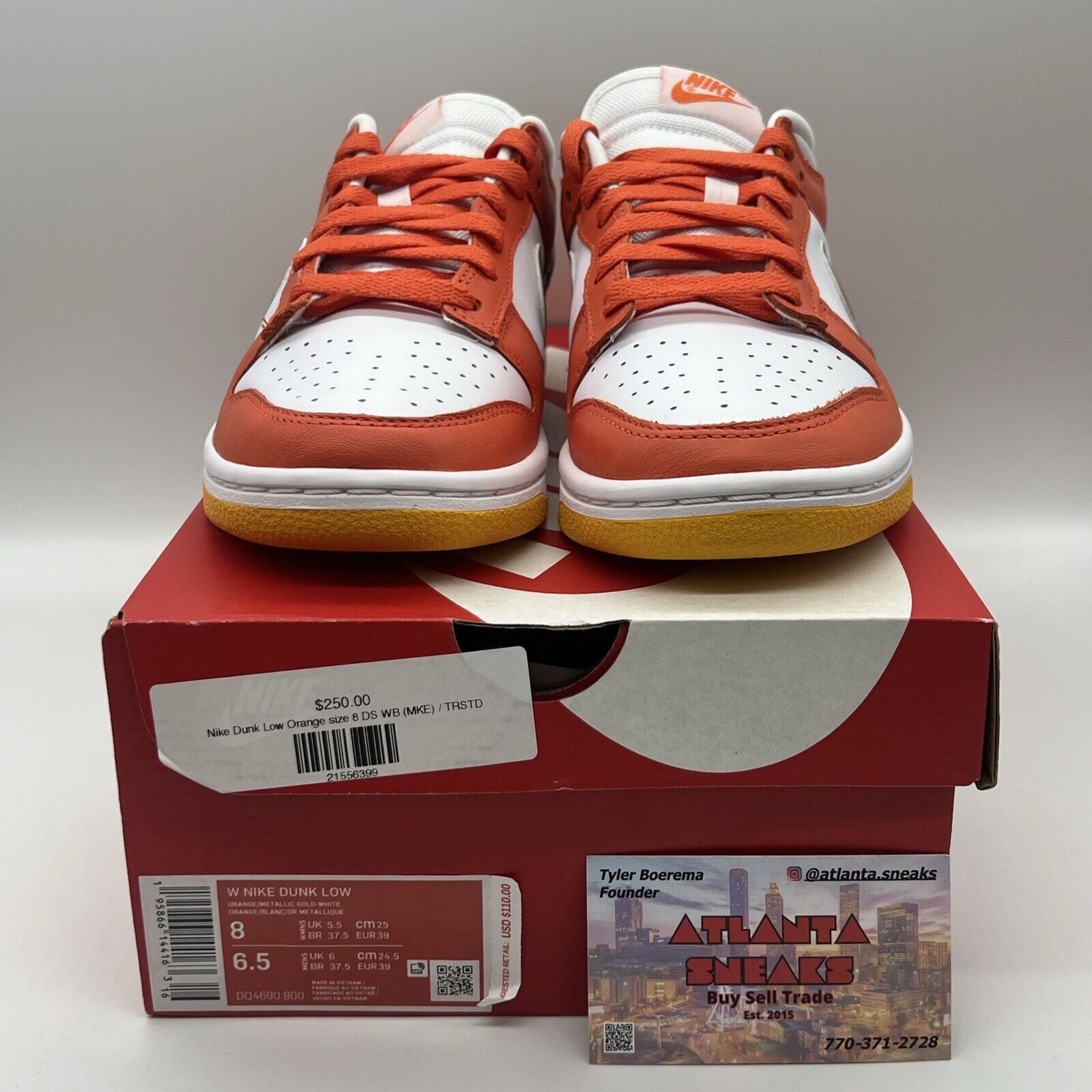 Size 8 - Nike Dunk Low White  2021 - DQ4690-800 White Orange Gold Brand New