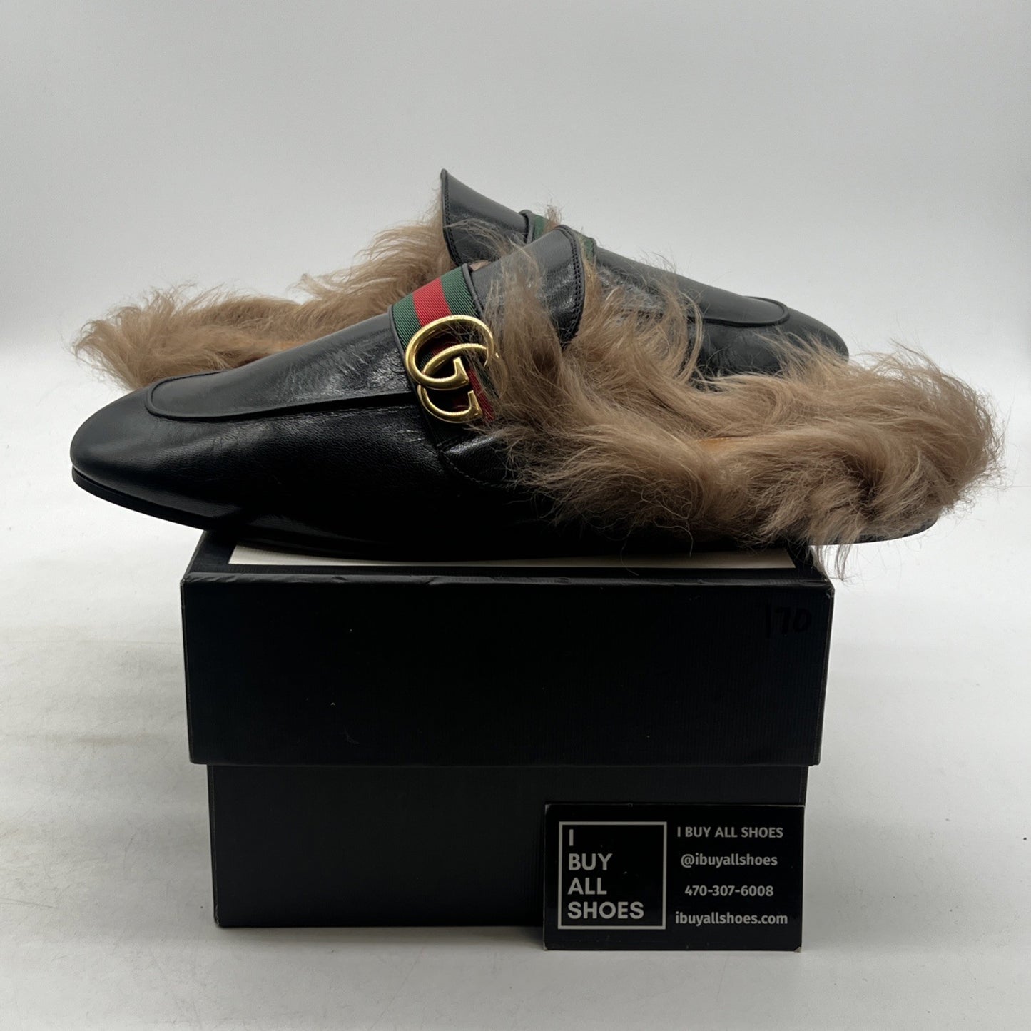 Size 10.5G - GUCCI Donnie Double GG Web Mule Flat Black Leather