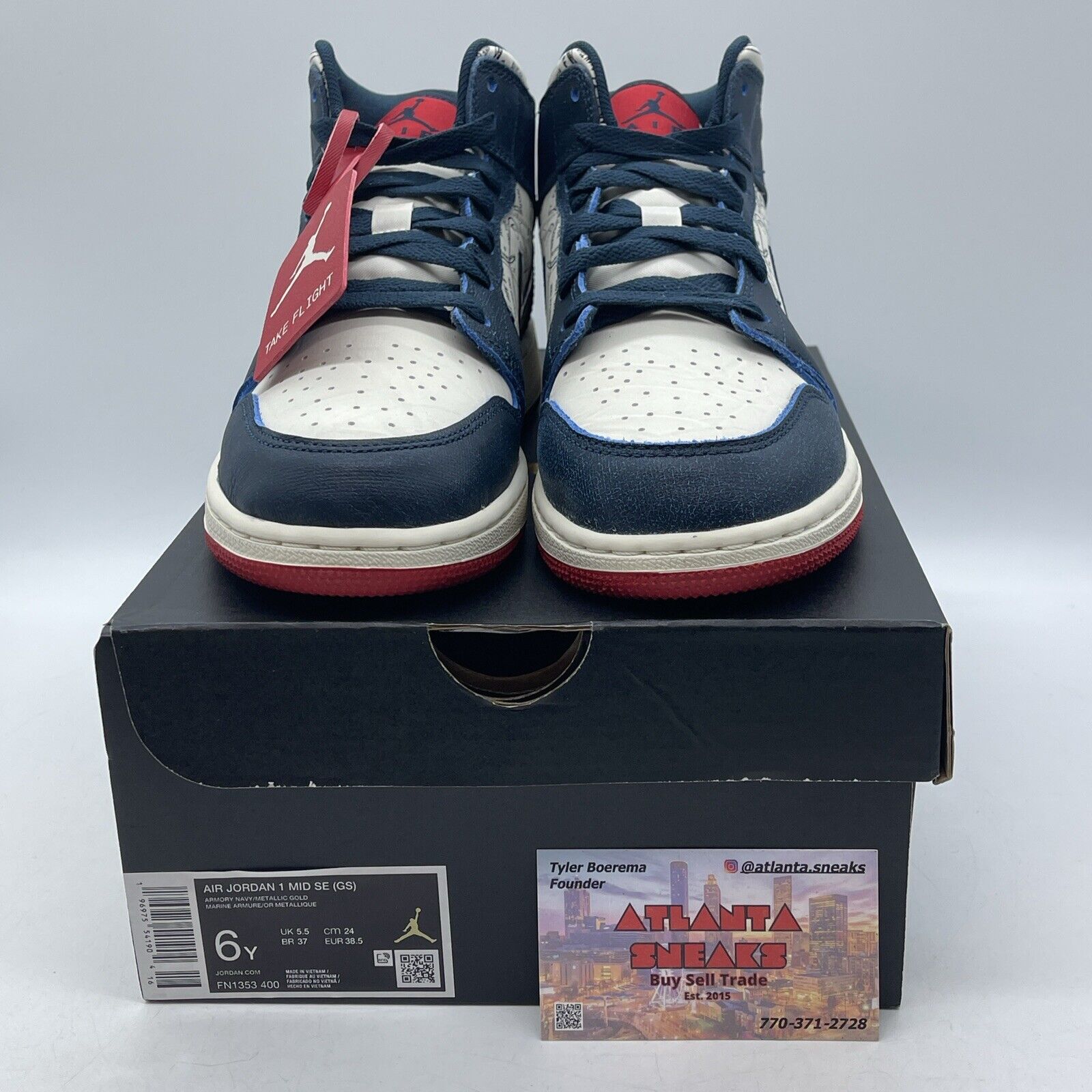 Size 6Y (GS) - Jordan 1 SE Mid Take Flight White Blue Red Gold (FN1353-400)