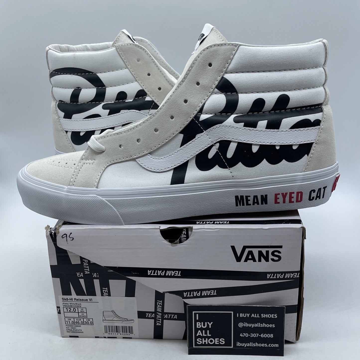 Size 12 - VANS x Patta Sk8-Hi Canvas Mean Eyed Cat White (VN0ABVH5WW)