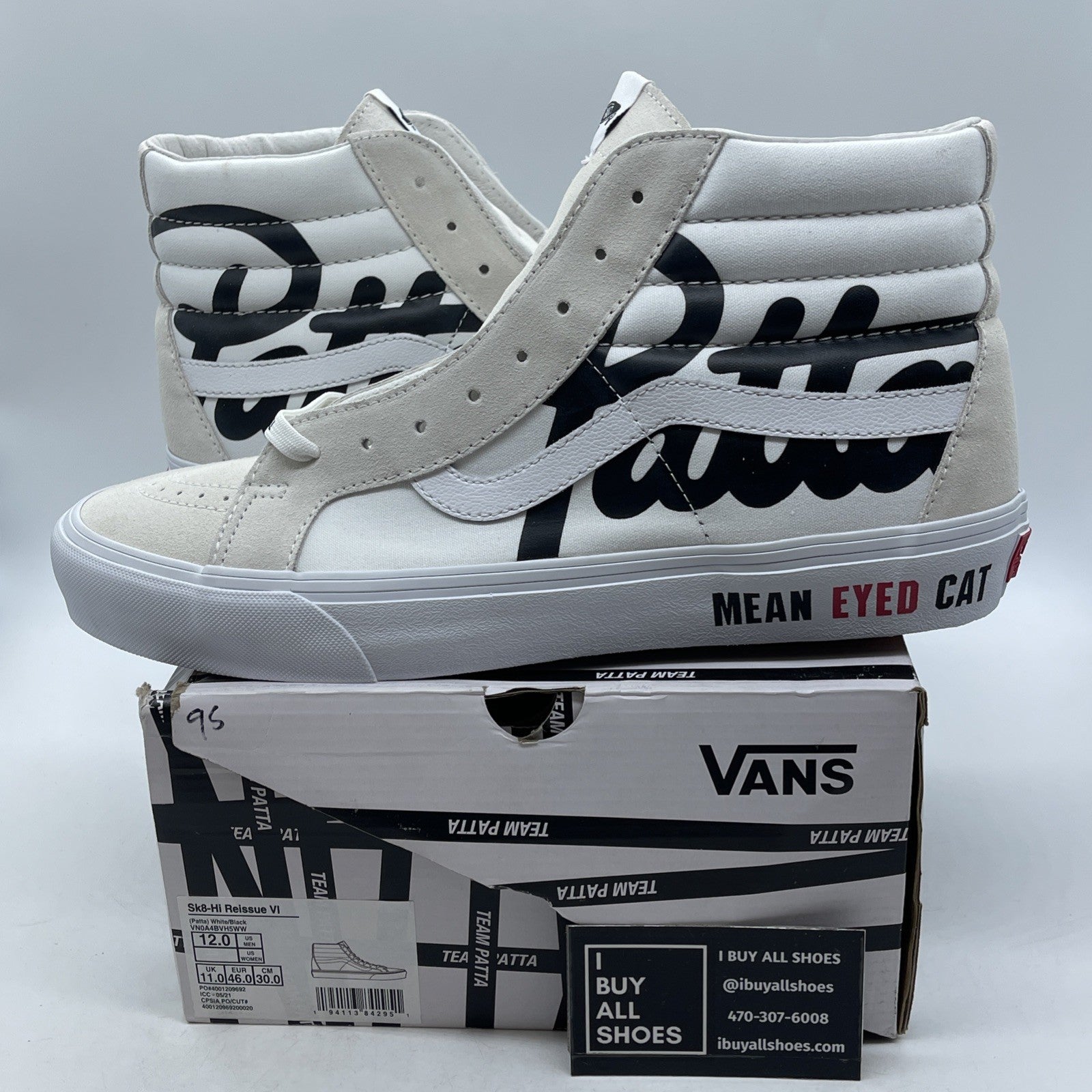 Size 12 - VANS x Patta Sk8-Hi Canvas Mean Eyed Cat White (VN0ABVH5WW)