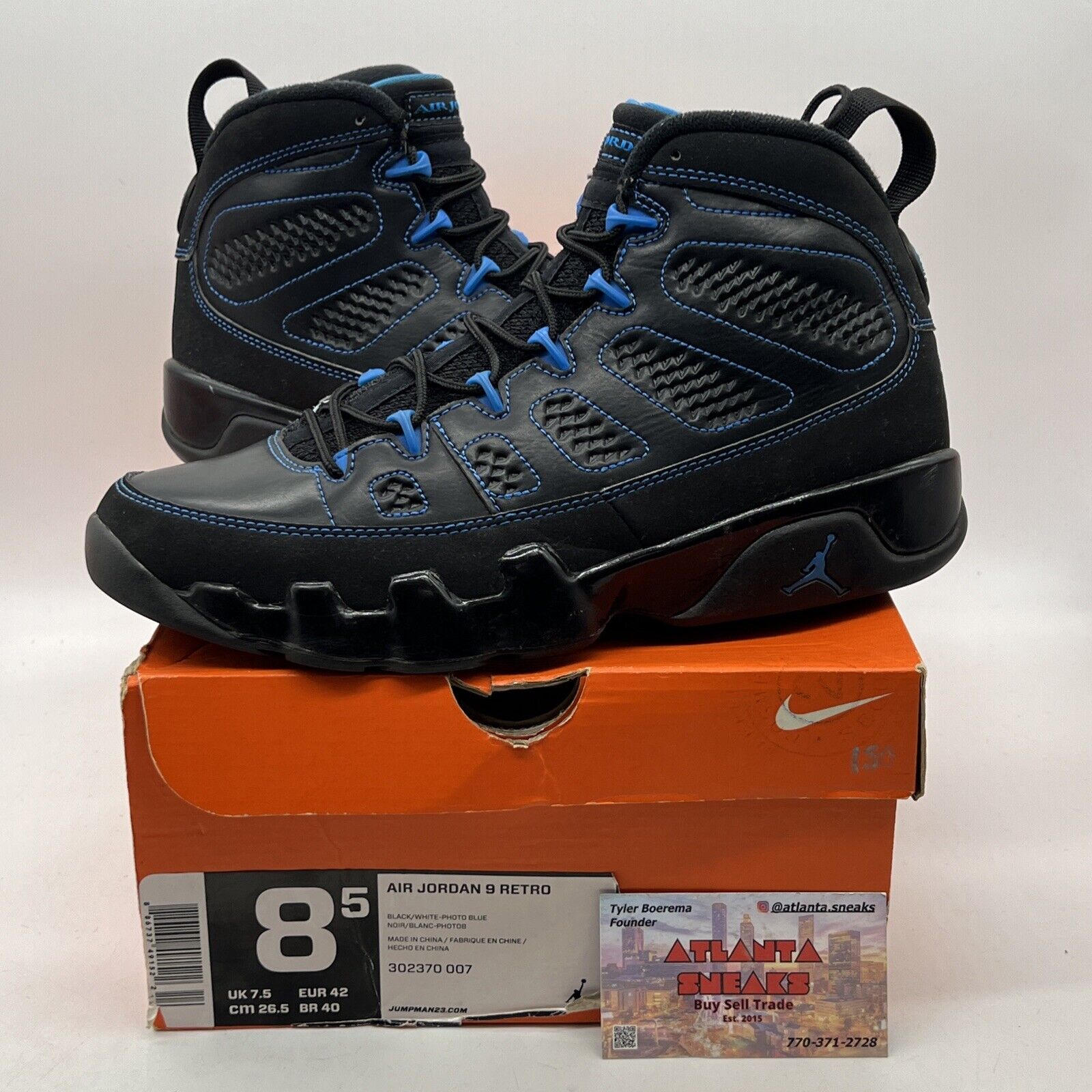 Size 8.5 - Jordan 9 Retro 2013 Photo Blue Black Bottom Leather (302370-007)