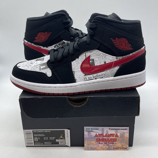 Size 8.5 - Air Jordan 1 SE Mid Newspaper Air Times Black Red Suede (852542-061)