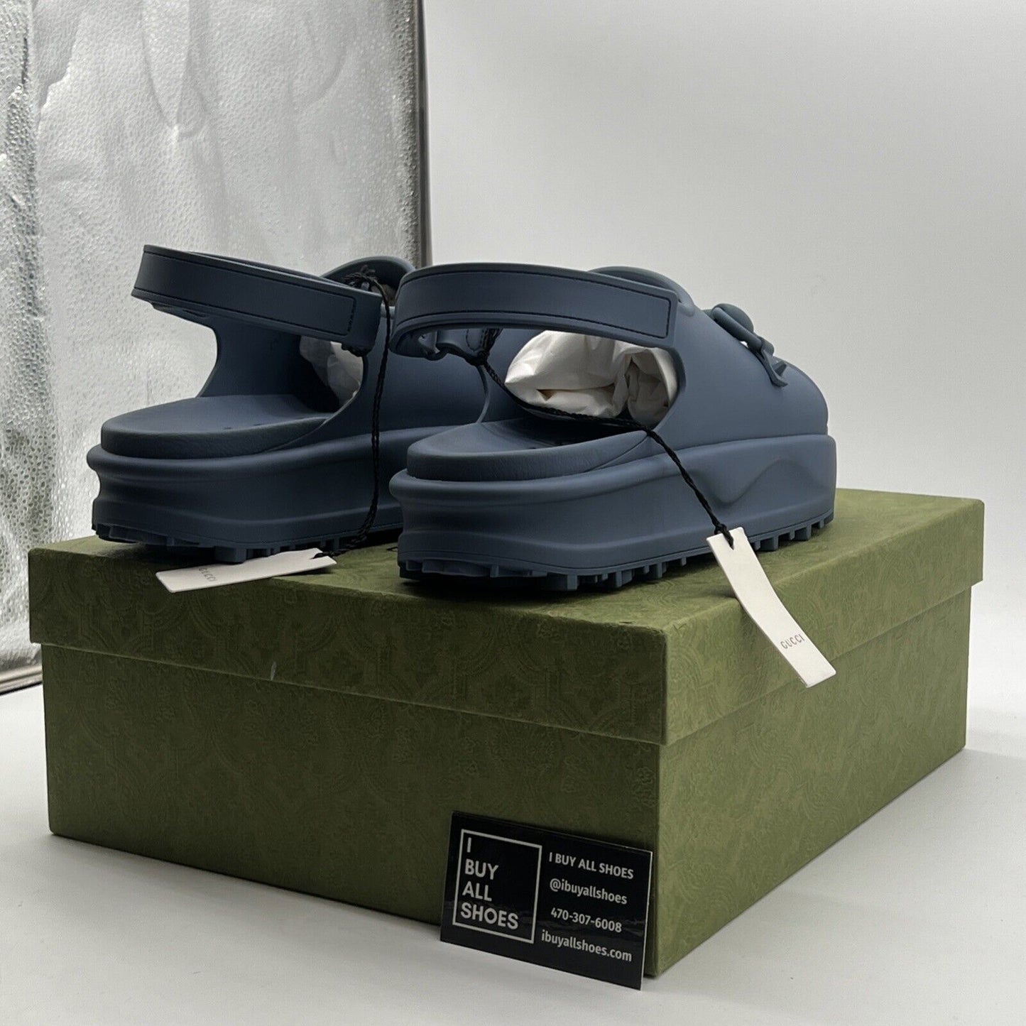 Size 11.5 - New Gucci Horsebit Platform Slide Sandals Blue Rubber