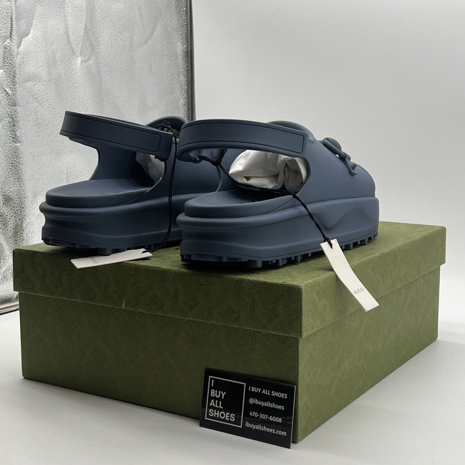 Size 11.5 - New Gucci Horsebit Platform Slide Sandals Blue Rubber