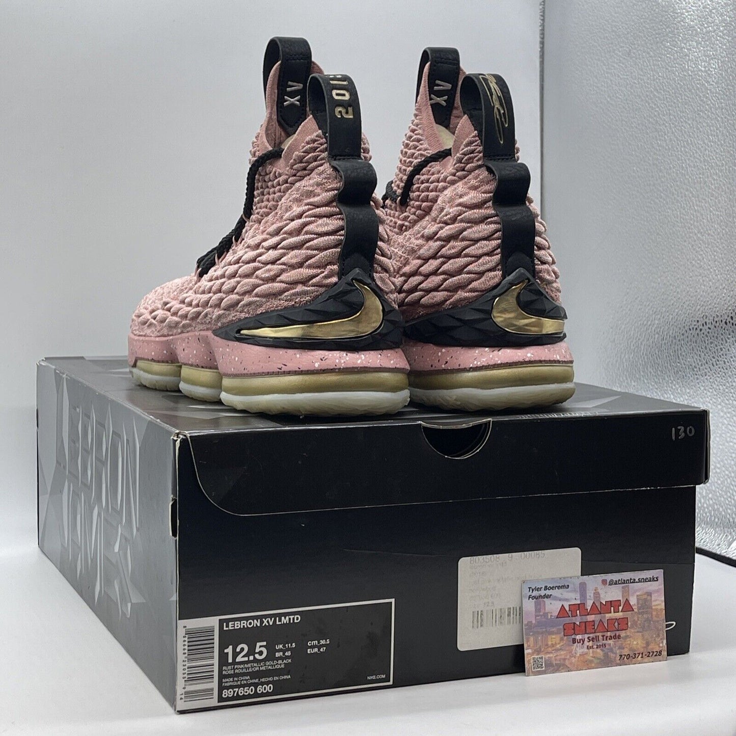Size 12.5 - Nike LeBron 15 Hollywood Pink Black Suede Gold White (897650-600)