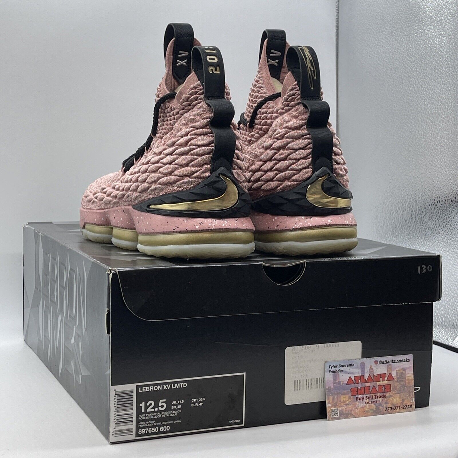 Size 12.5 - Nike LeBron 15 Hollywood Pink Black Suede Gold White (897650-600)