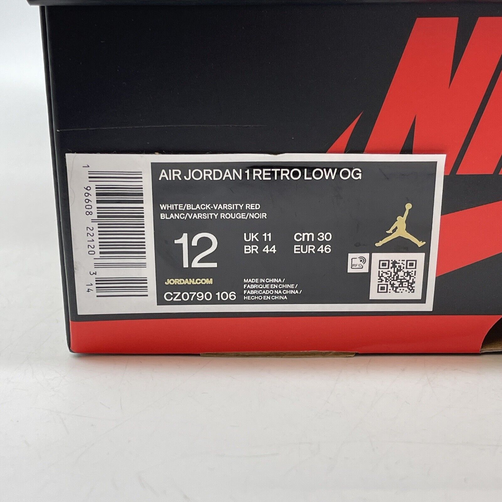 Size 12 - Air Jordan 1 Retro OG Low Black Toe White Red Leather (CZ0790-106)