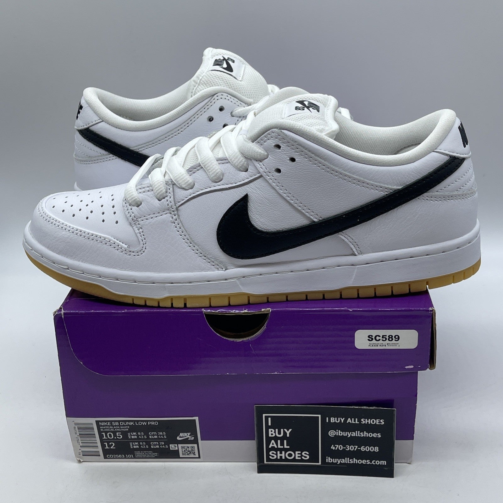 Size 10.5 - Nike SB Dunk Low White Gum Black Leather (CD2563-101)
