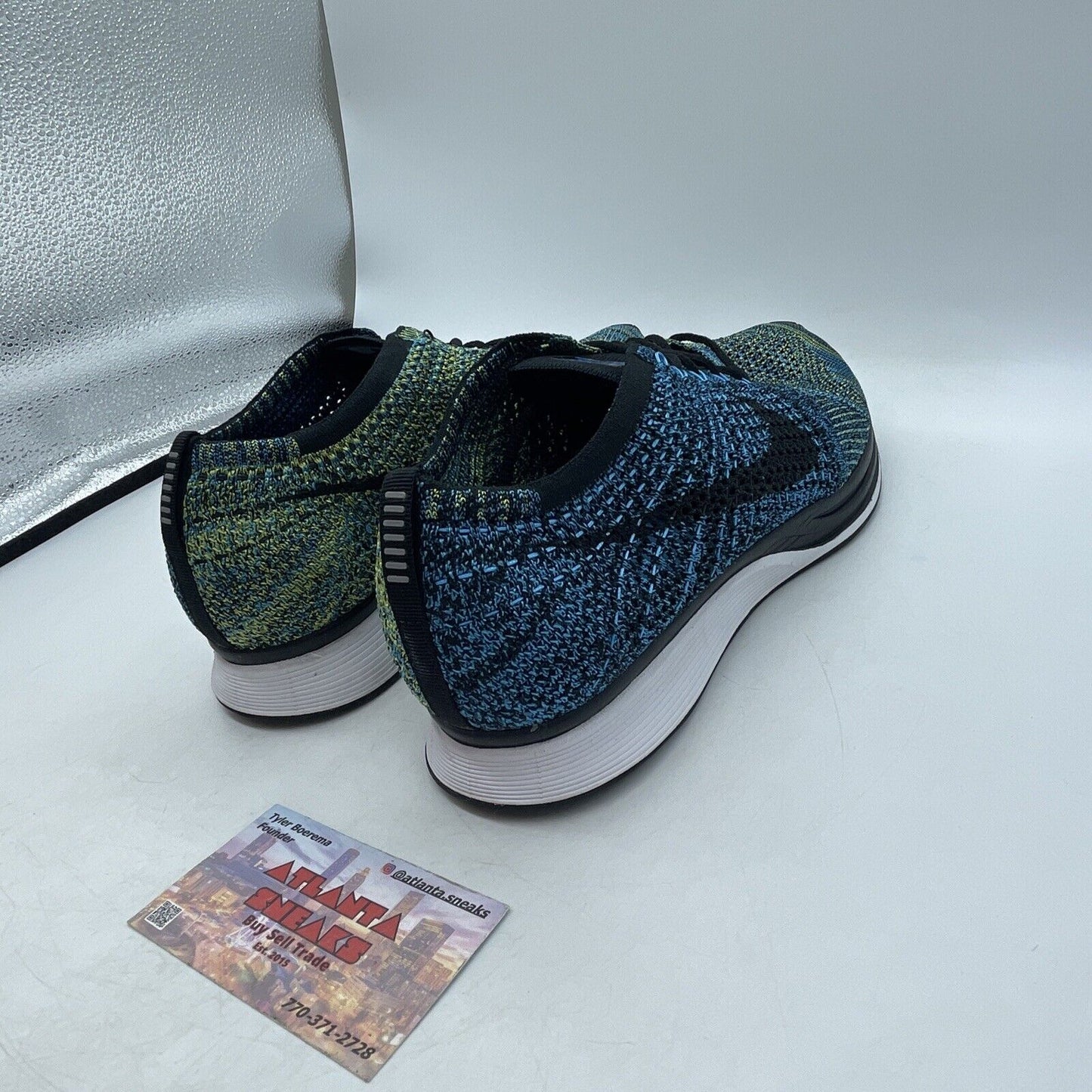 Size 11 - Nike Flyknit Racer Blue Glow Green Blue White Yellow (526628-405)