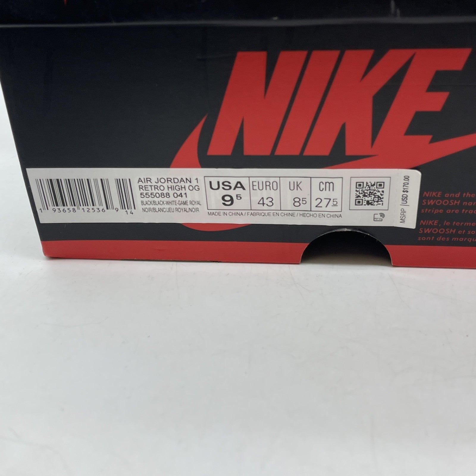 Size 9.5 - Jordan 1 Retro OG High Royal Toe Black White Leather (555088-041)