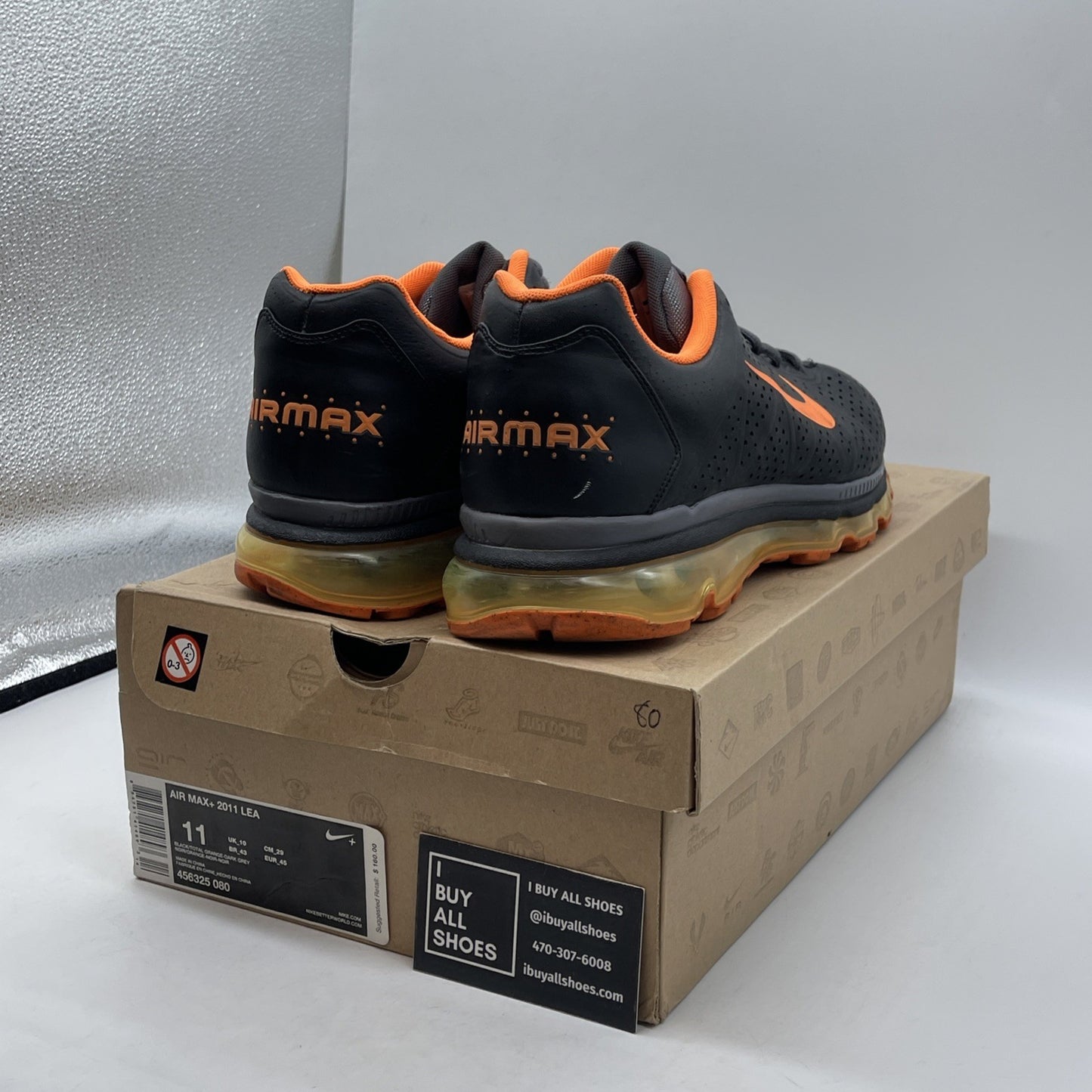 Size 11 - Nike Air Max+ 2011 Lea Black Orange Leather (456325-080)
