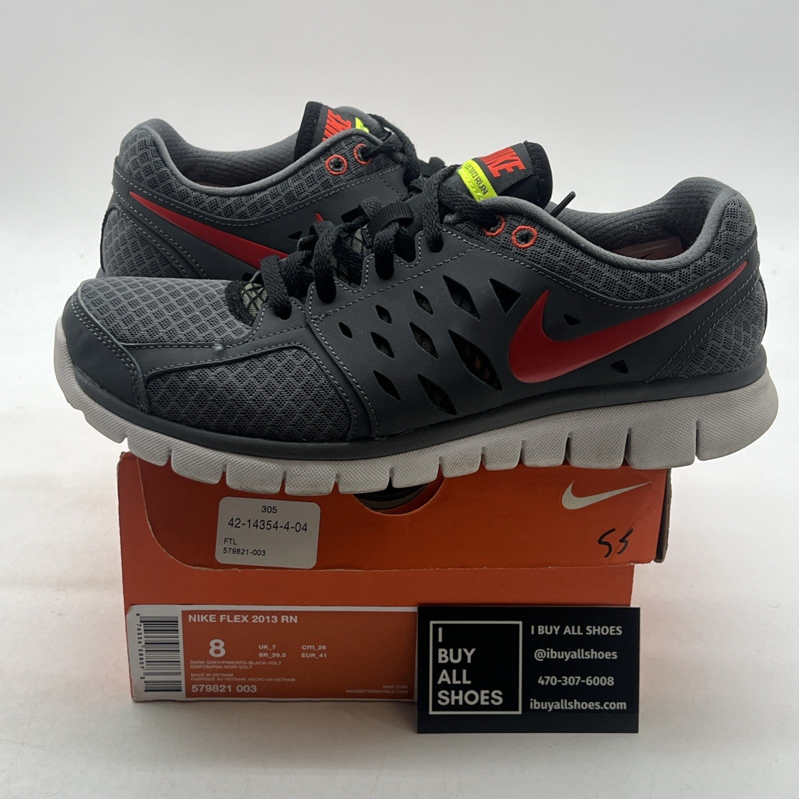 Size 8 - Nike Flex 2013 Run Gray & Red Running Shoes Sneakers Men's (579821-003)