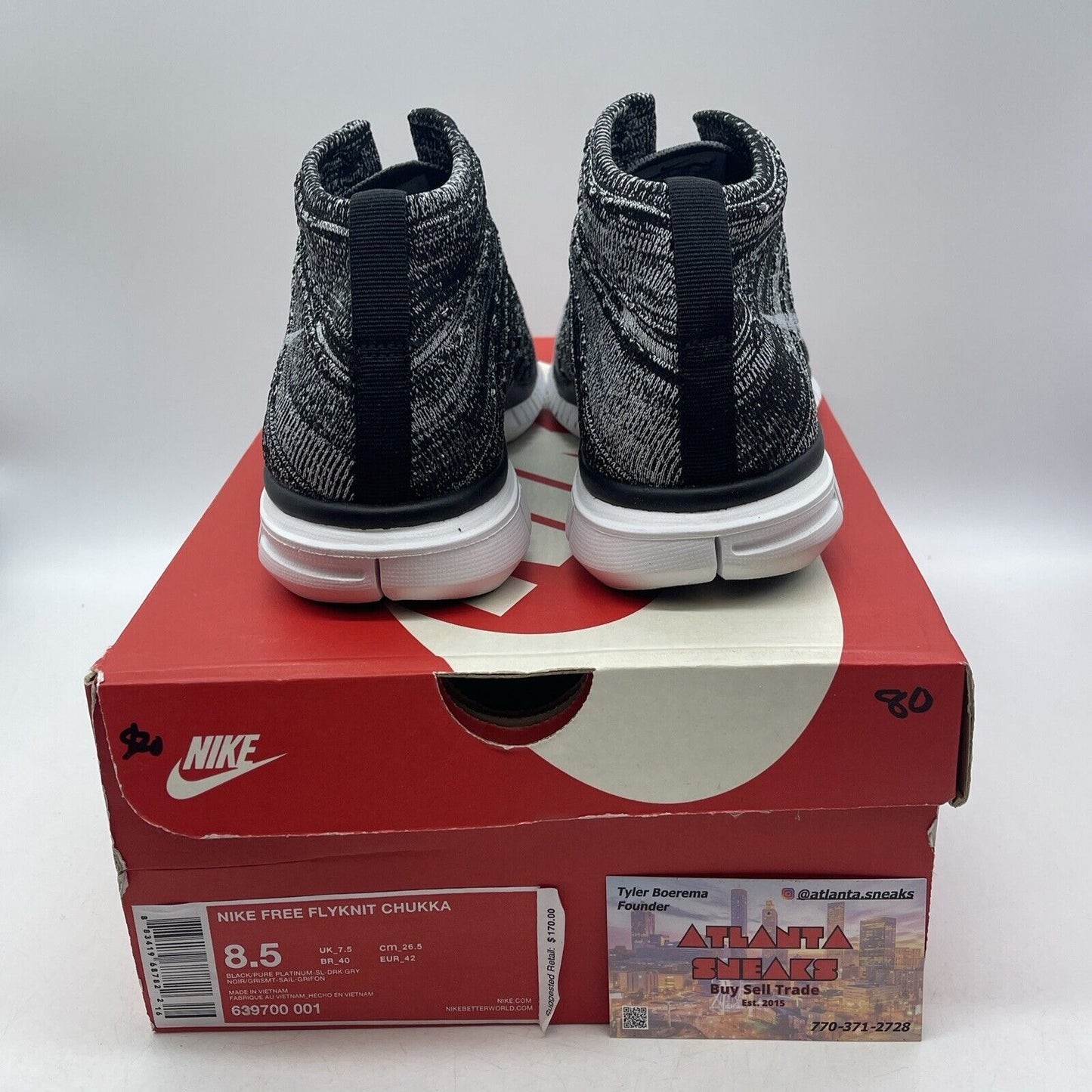 Size 8.5 - Nike Free Flyknit Chukka Black White Suede Lester (639700-001)