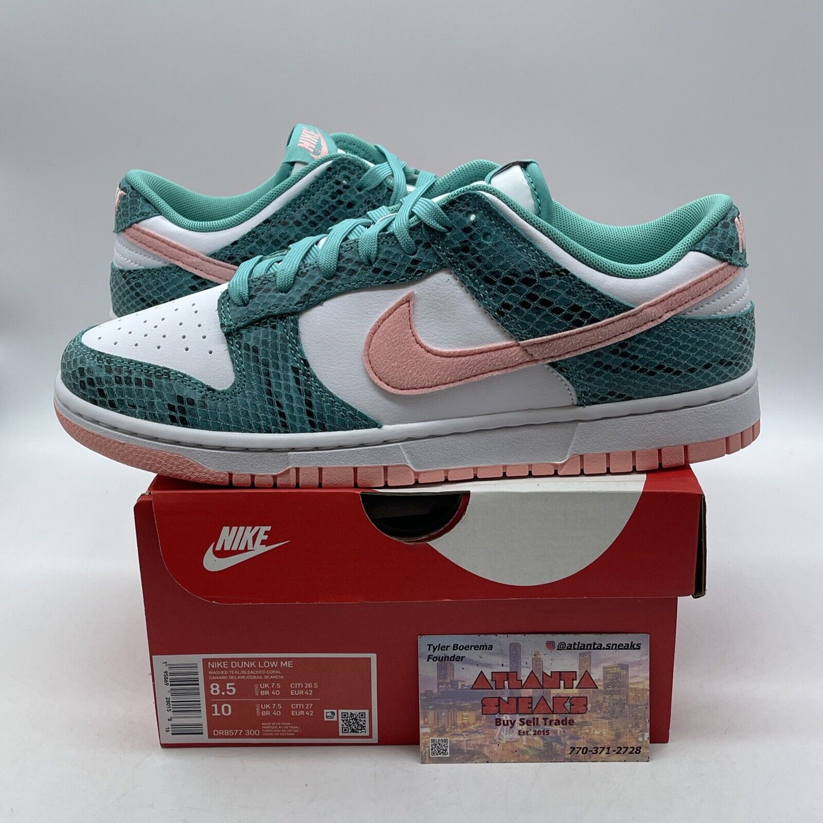 Size 8.5 - Nike Dunk Low Washed Teal Snakeskin White Leather (DR8577-300)