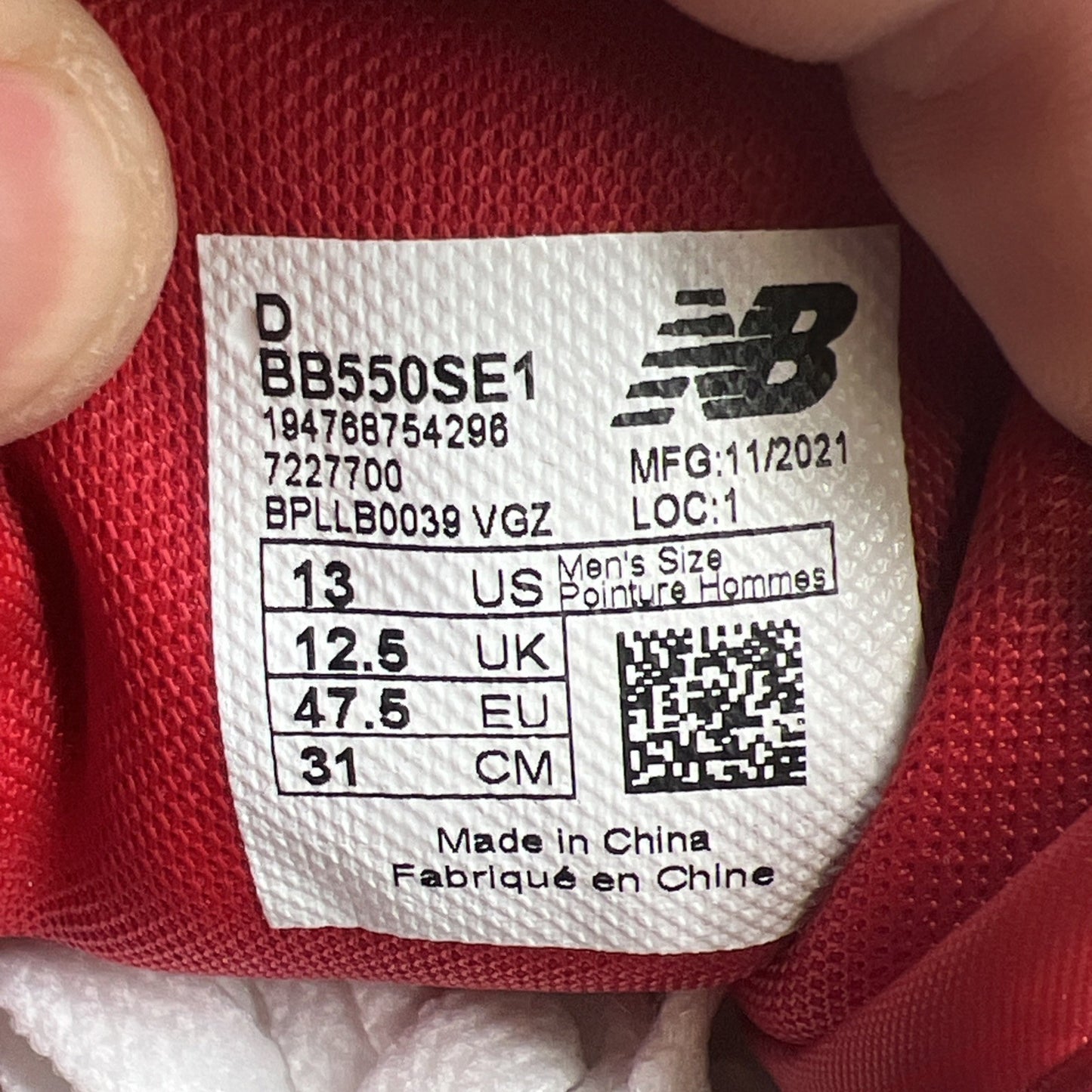 Size 13 - New Balance 550 White Team Red (BB550SE1)