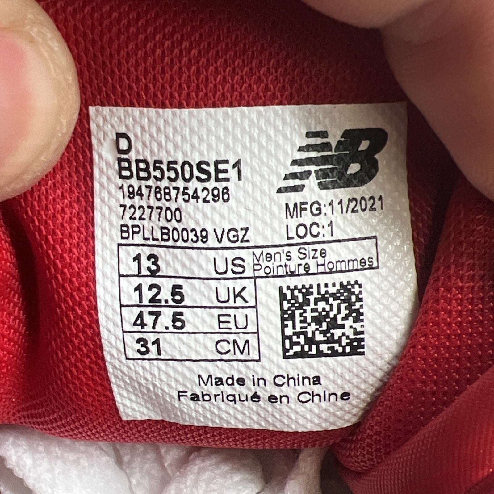Size 13 - New Balance 550 White Team Red (BB550SE1)