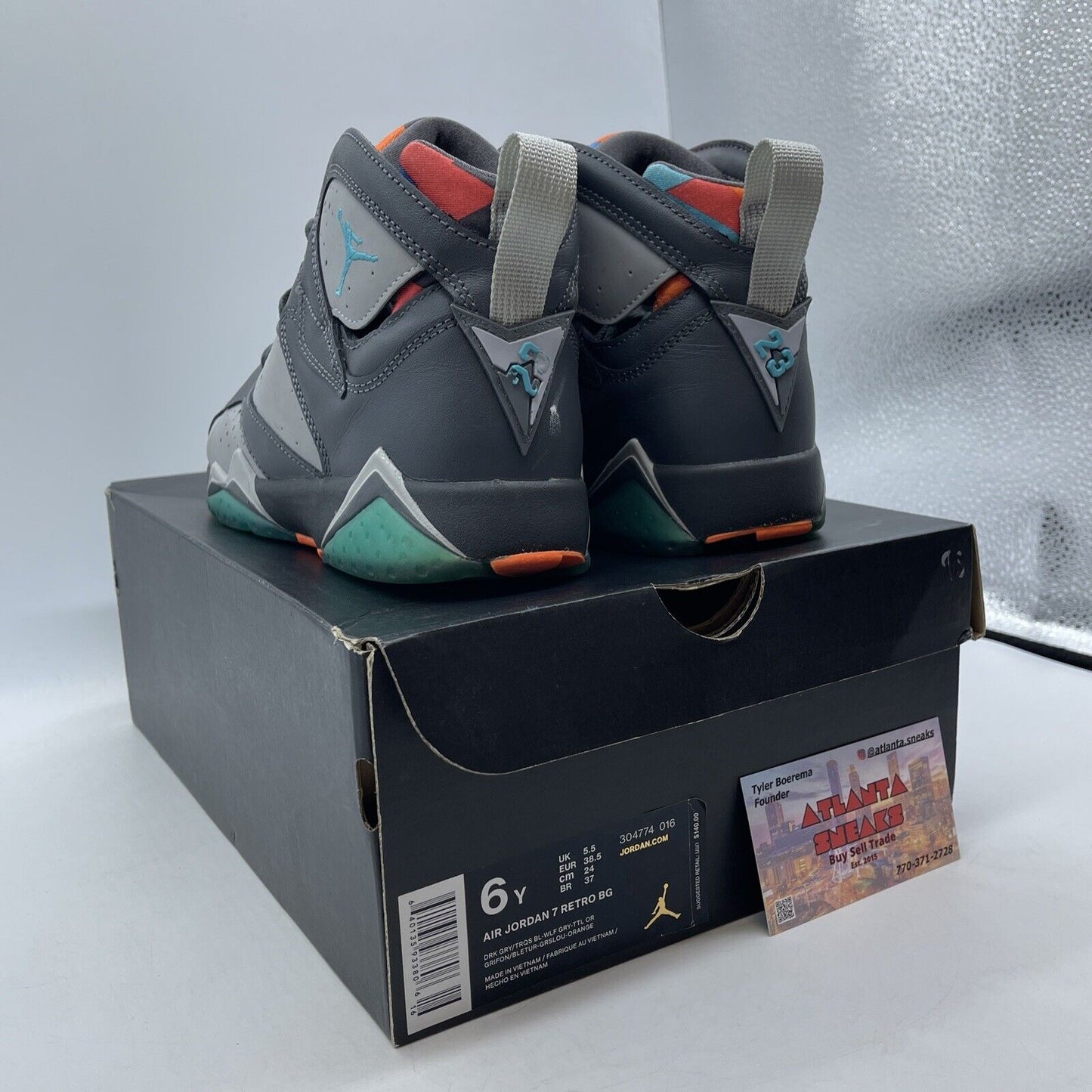 Size 6Y - Jordan 7 Retro High Barcelona Days Grey Blue Orange Suede (304774-016)