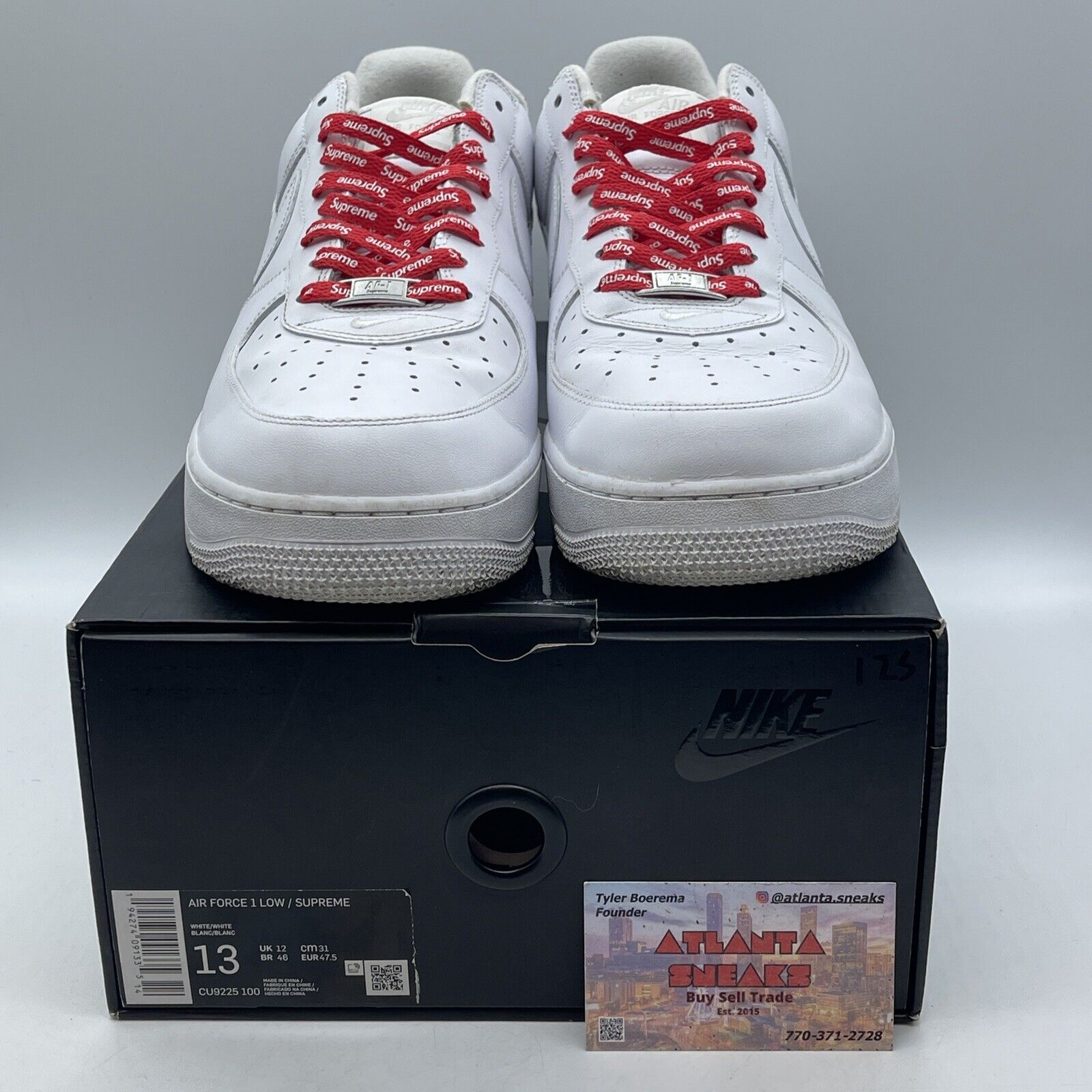 Size 13 - Nike Air Force 1 x Supreme Low Box Logo - White Leather (CU9225-100)