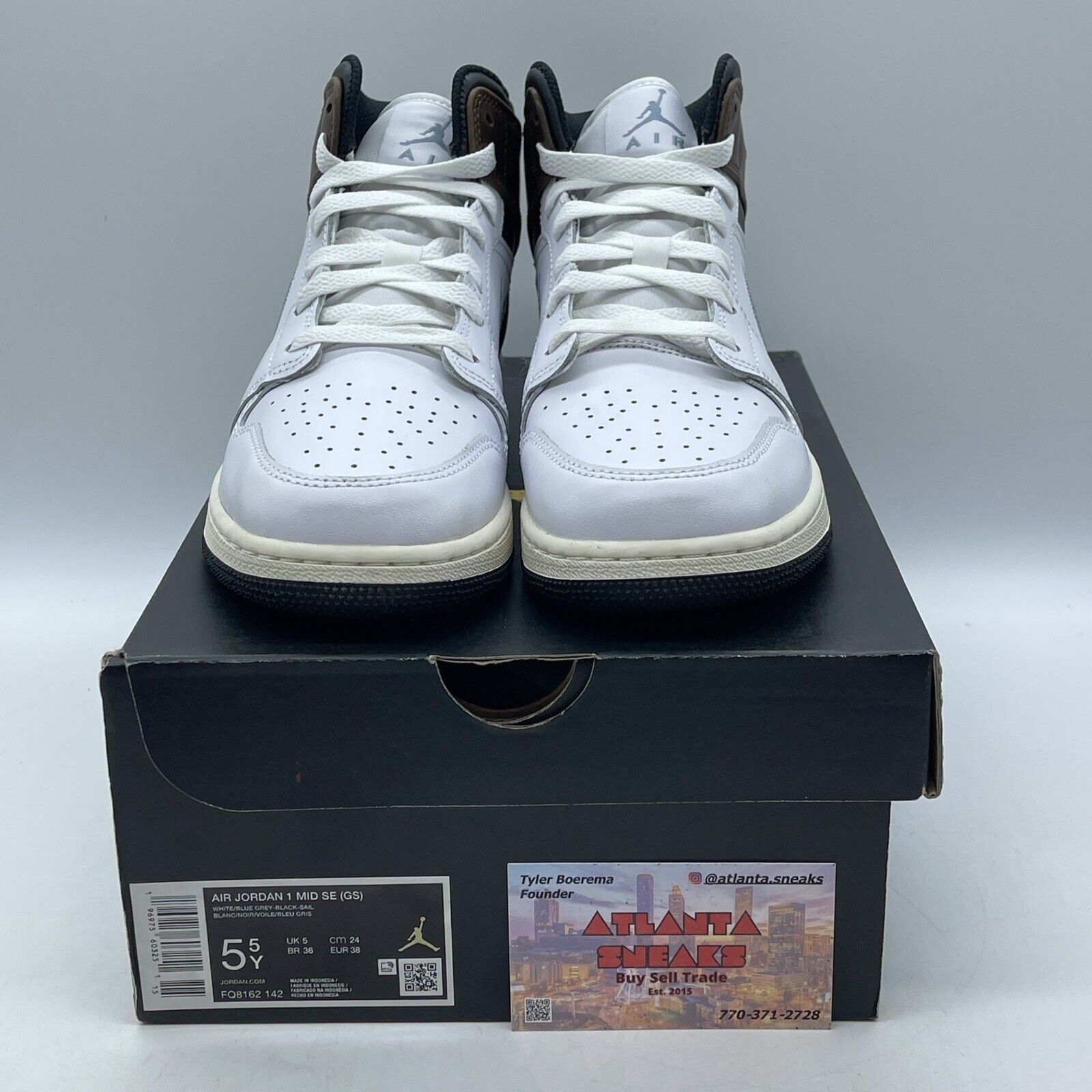 Size 5.5Y - AIR JORDAN 1 MID SE_WHITE/BLUE GREY BLACK Leather  (FQ8162-142)