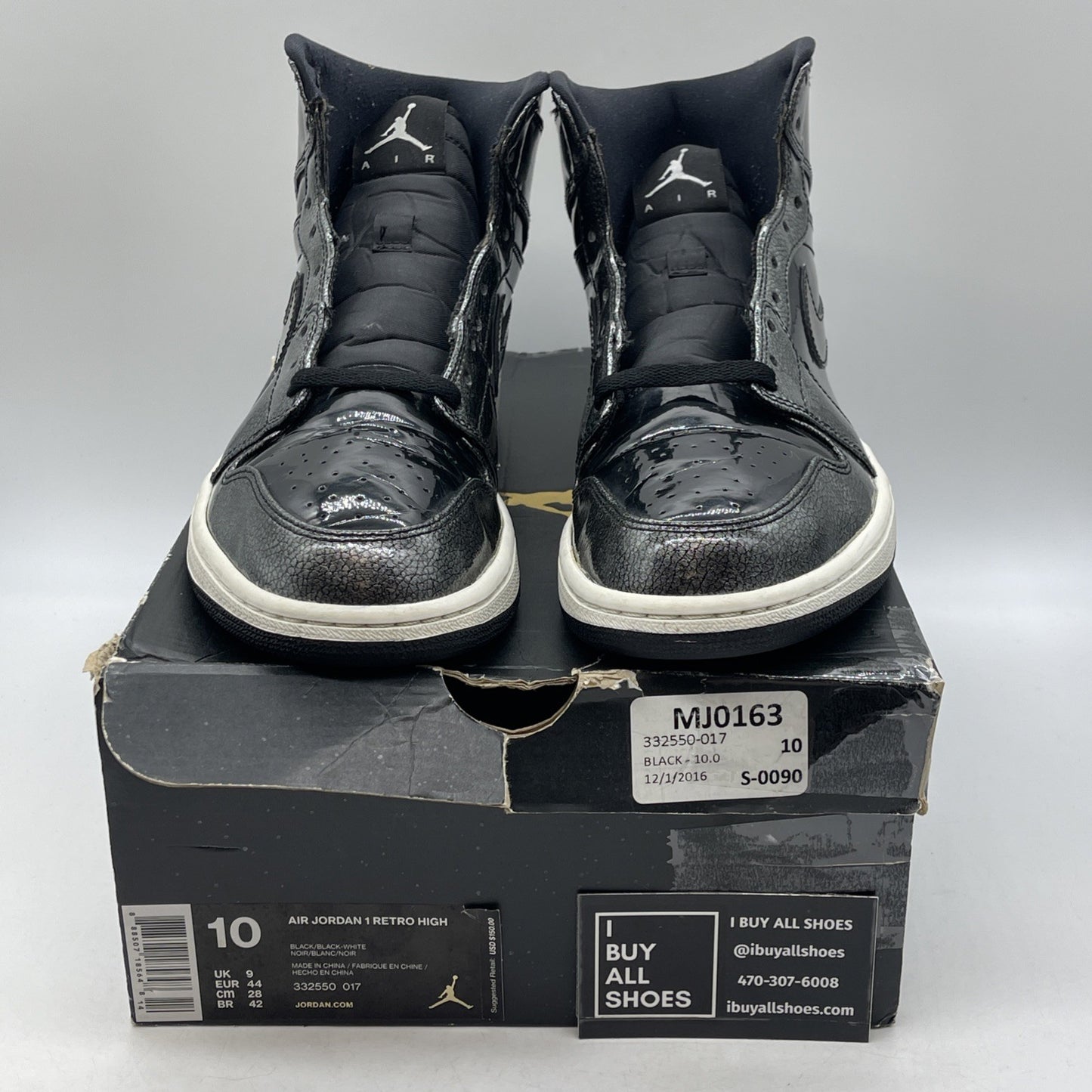 Size 10 - Air Jordan 1 Retro High Black Patent Grey Leather (332550-017)