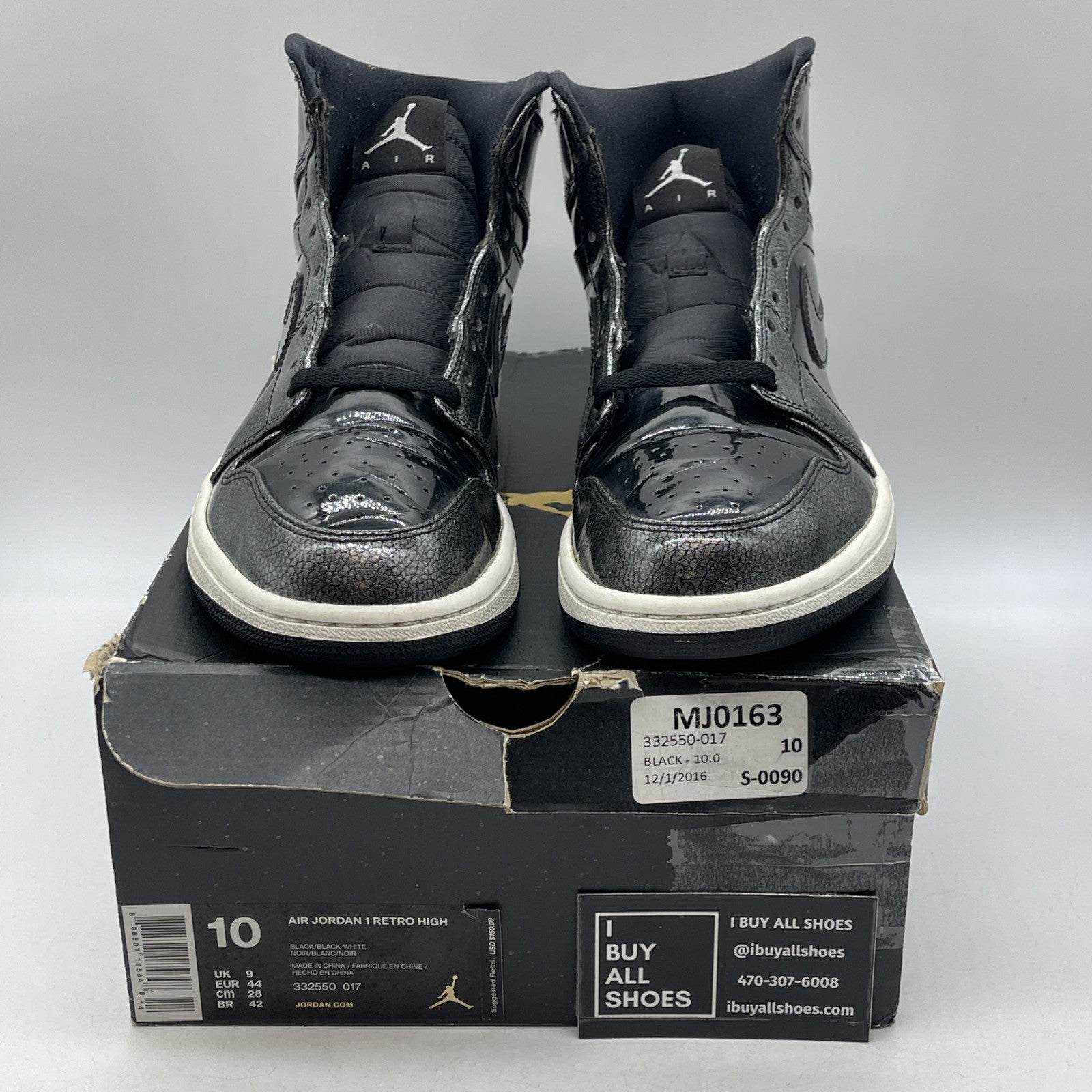 Size 10 - Air Jordan 1 Retro High Black Patent Grey Leather (332550-017)
