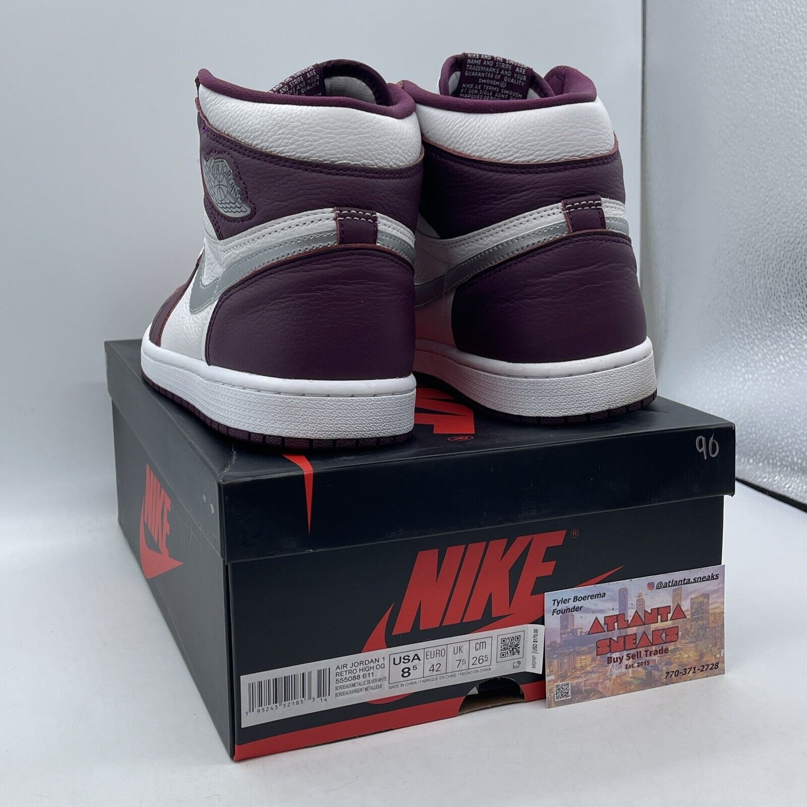 Size 8.5 - Jordan 1 Retro High OG Bordeaux Silver White Leather (555088-611)