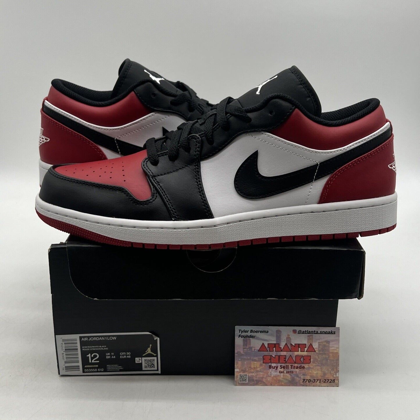 Size 12 - Jordan 1 Low Bred Toe White Black Red Leather (553558-612)