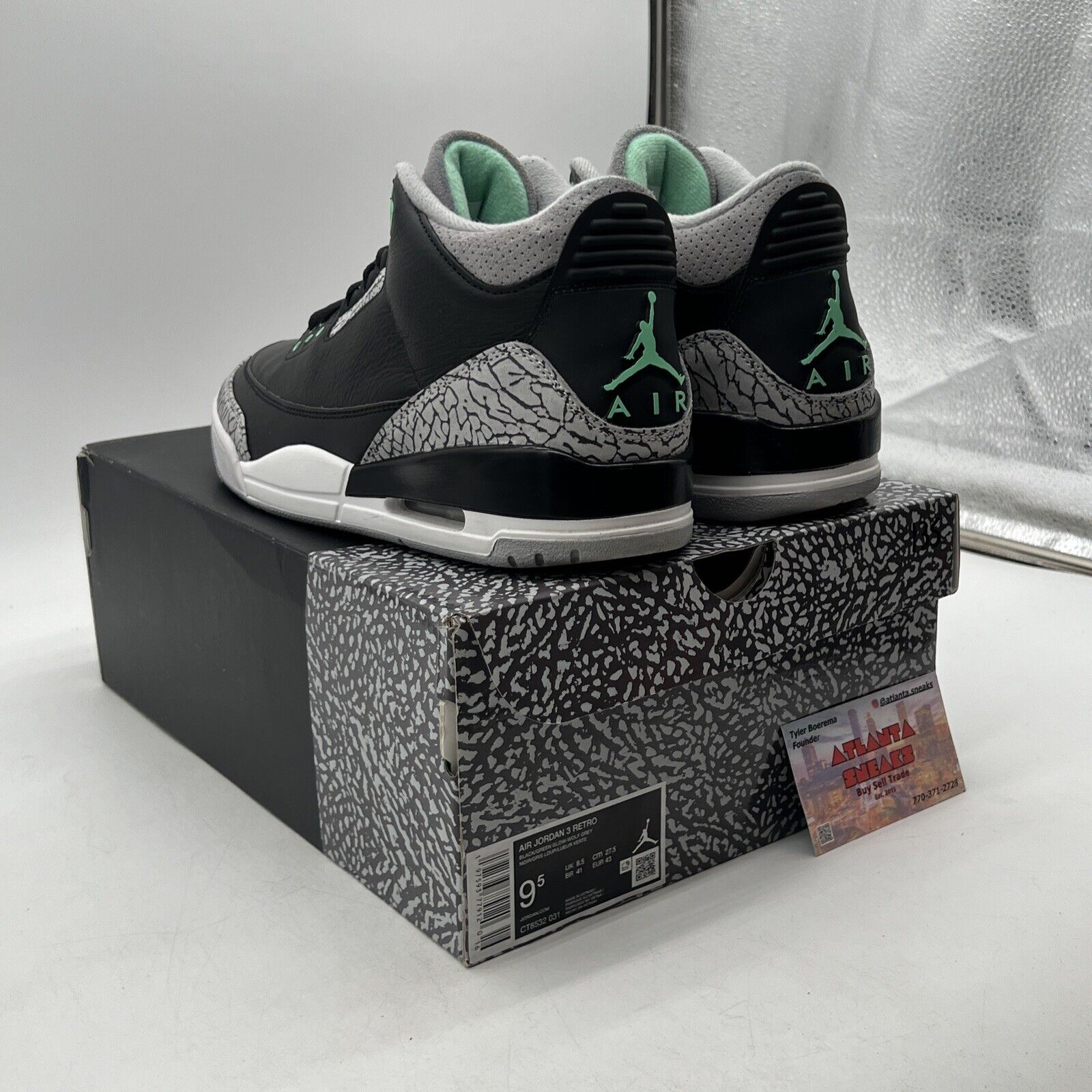 Size 9.5 - Air Jordan 3 Retro Green Glow Black White Mint Leather (CT8532-031)