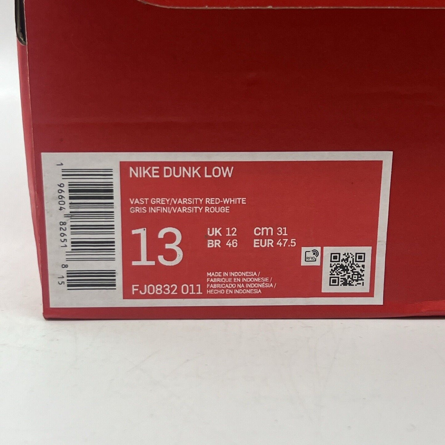 Size 13 - Nike Dunk Low Vast Grey Varsity Red Brand New Og All DS Leather