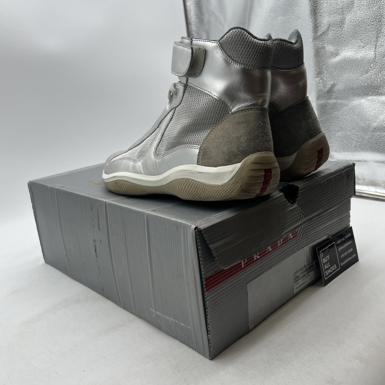 Size 6 - PRADA SPORT America's Cup Silver Leather Nylon Mesh Ankle Sneakers