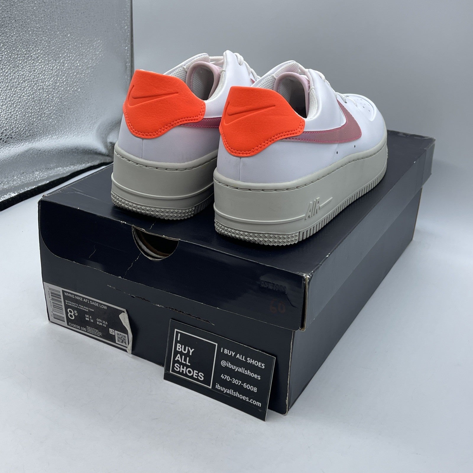 Size 8.5W - Nike Air Force 1 Sage Low White Pink Orange Leather (CV3036-100)