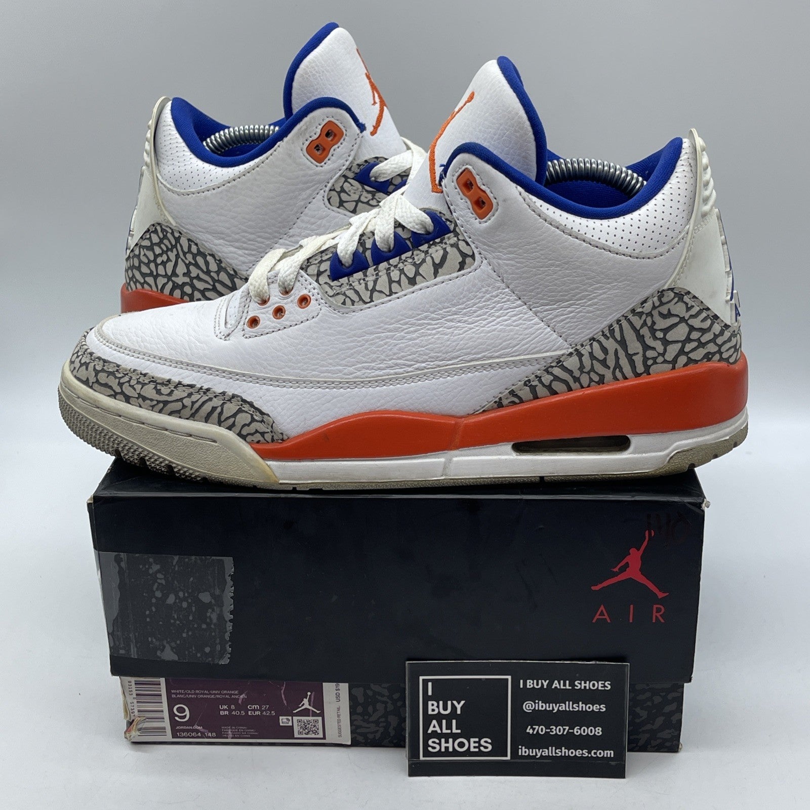 Size 9 - Air Jordan 3 Retro Knicks White Orange Grey Suede Leather (136064-148)