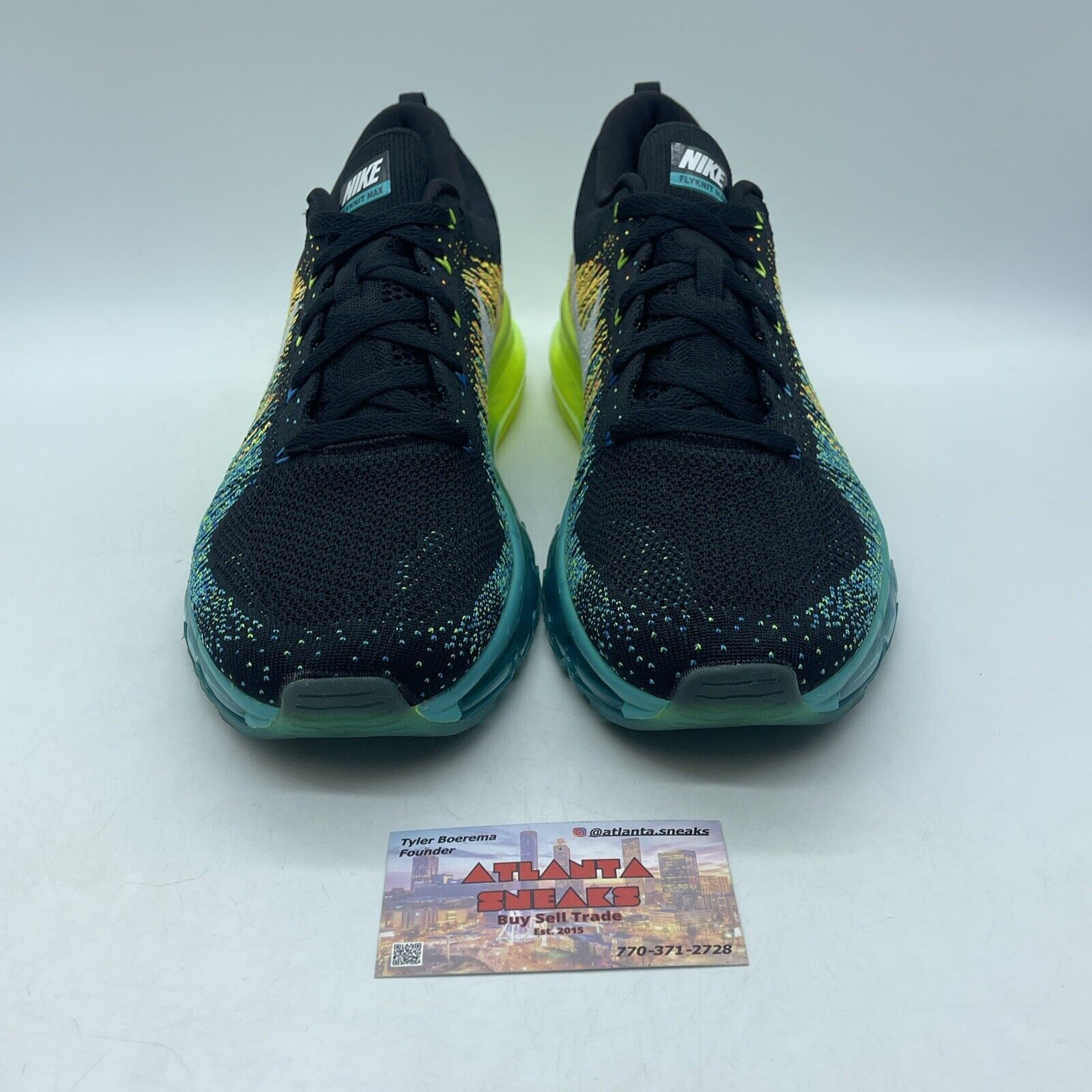 Size 11 - Nike Flyknit Max Black Blue Neon Yellow White Suede (620469-001)