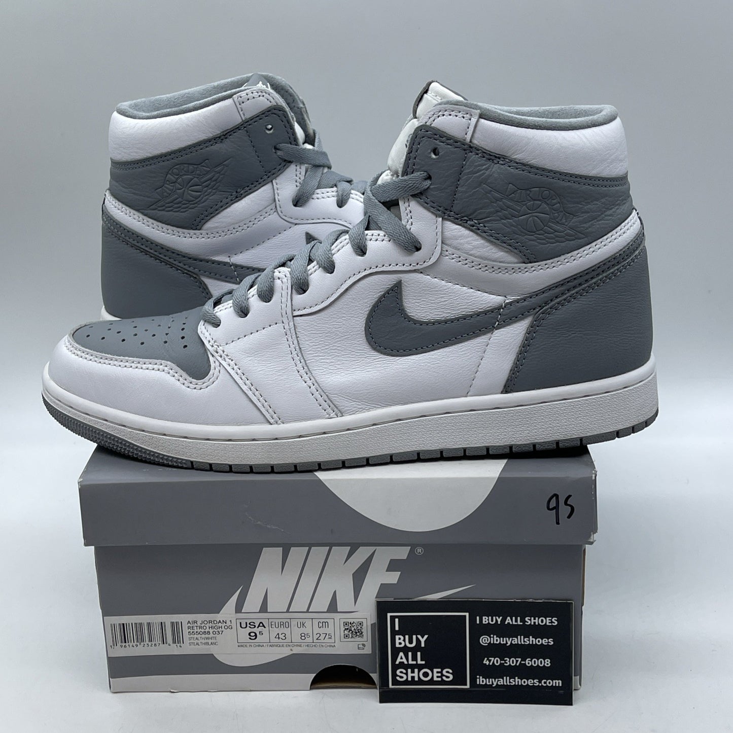 Size 9.5 - Jordan 1 Retro High OG Stealth Grey White Leather (555088-037)