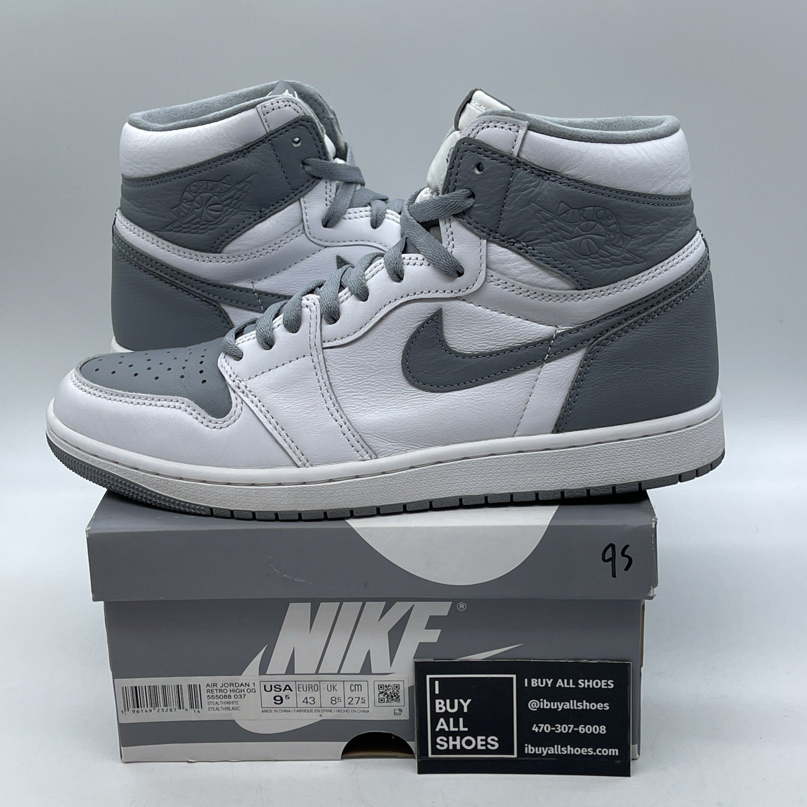 Size 9.5 - Jordan 1 Retro High OG Stealth Grey White Leather (555088-037)