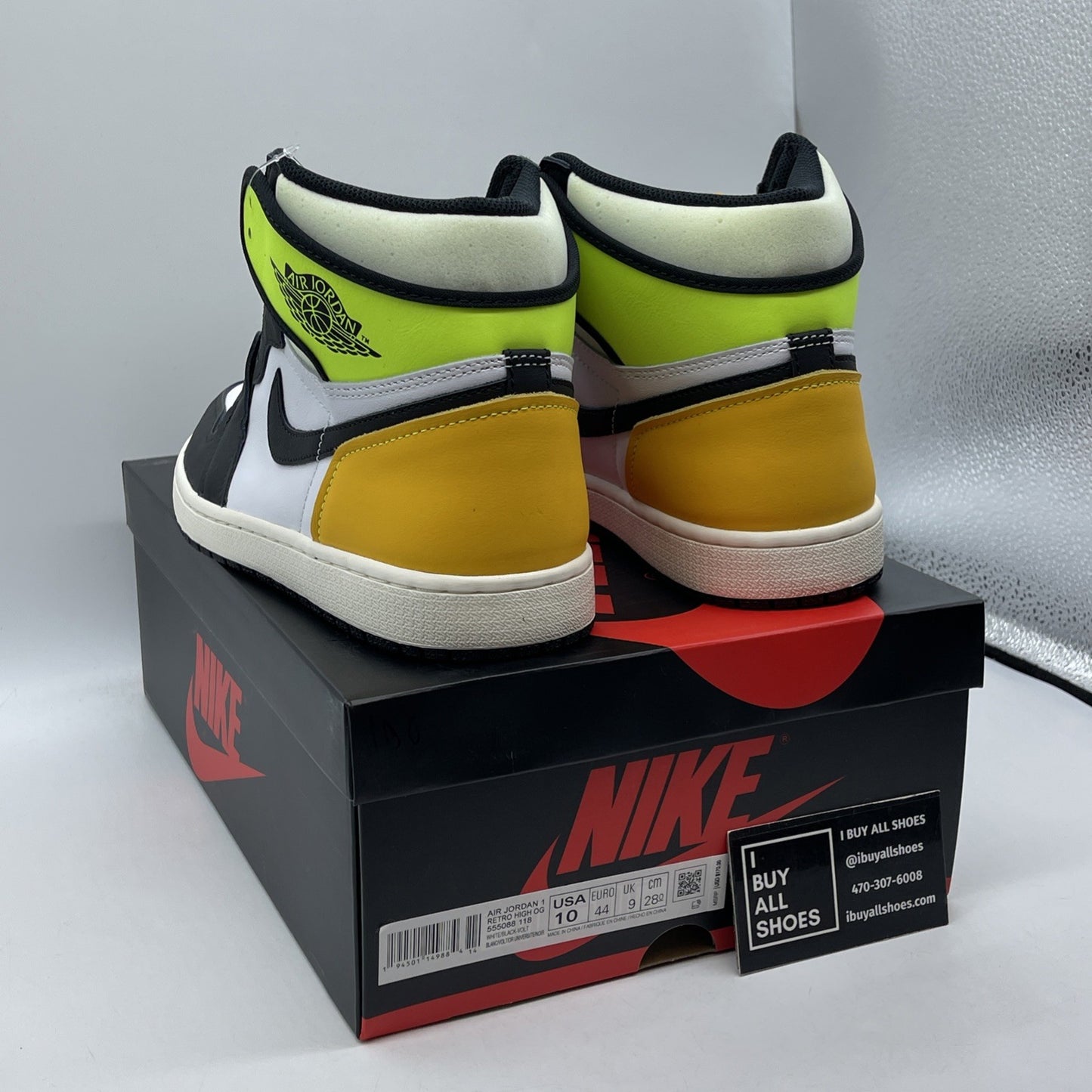 Size 10 - Jordan 1 Retro High OG Volt White Black Yellow Leather (555088-118)