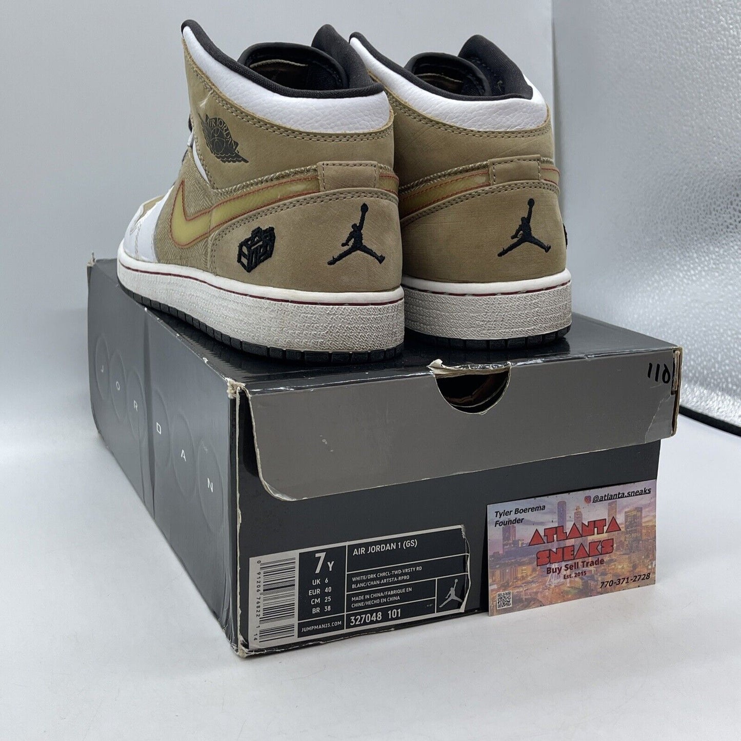 Size 7Y - Air Jordan 1 GS Tweed White Brown Black Red Suede Leather (327048-101)