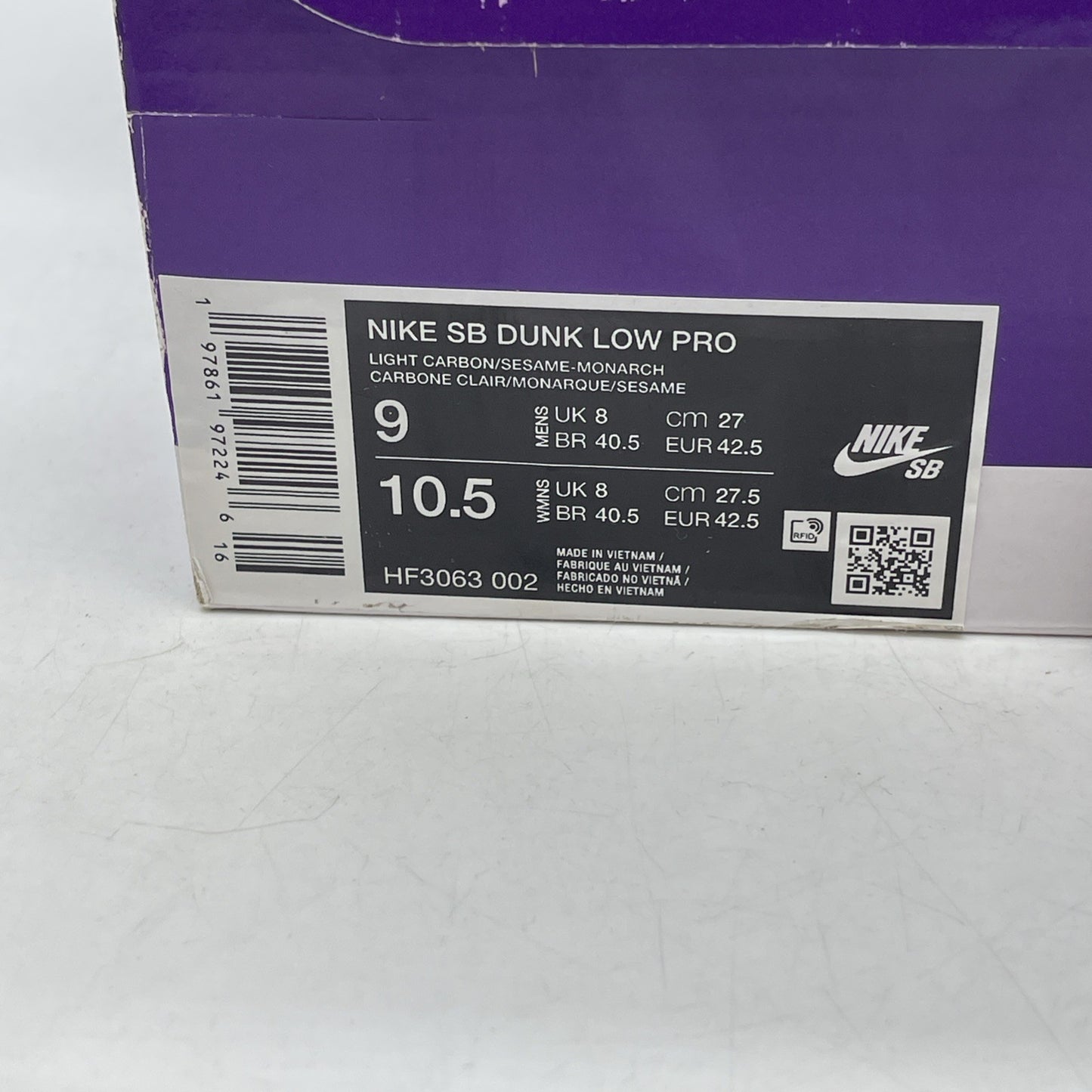 Size 9 - Nike Dunk SB Low Light Carbon Monarch (HF3063-002)