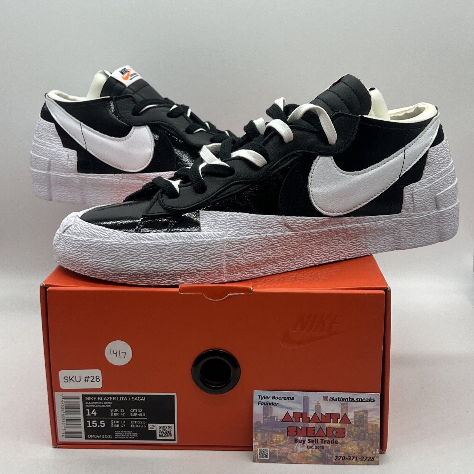 Size 14 - Nike Blazer Low x Sacai Shiny Black 2022 Brand New Og All