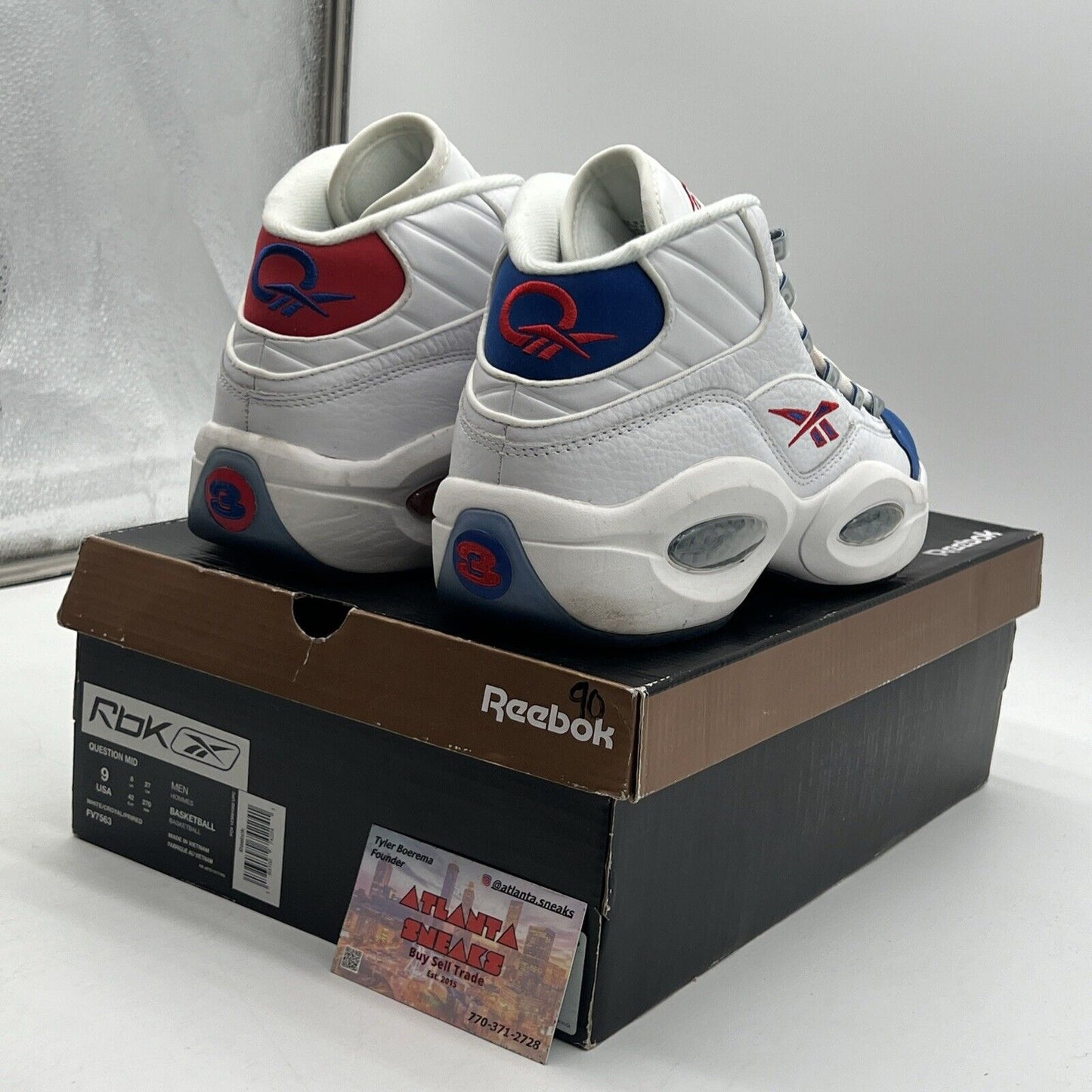 Size 9 - Reebok Question Mid Double Cross White Red Blue Leather (FV7563)